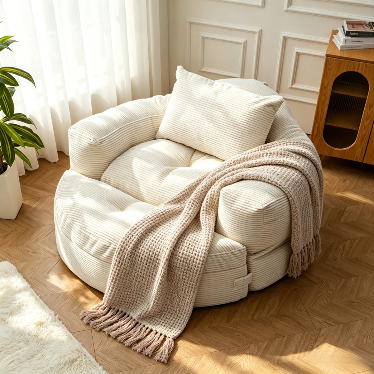 WiNVO 63''Oversized Round Chaise Lounge Chair with Footrest Ottoman(Beige)