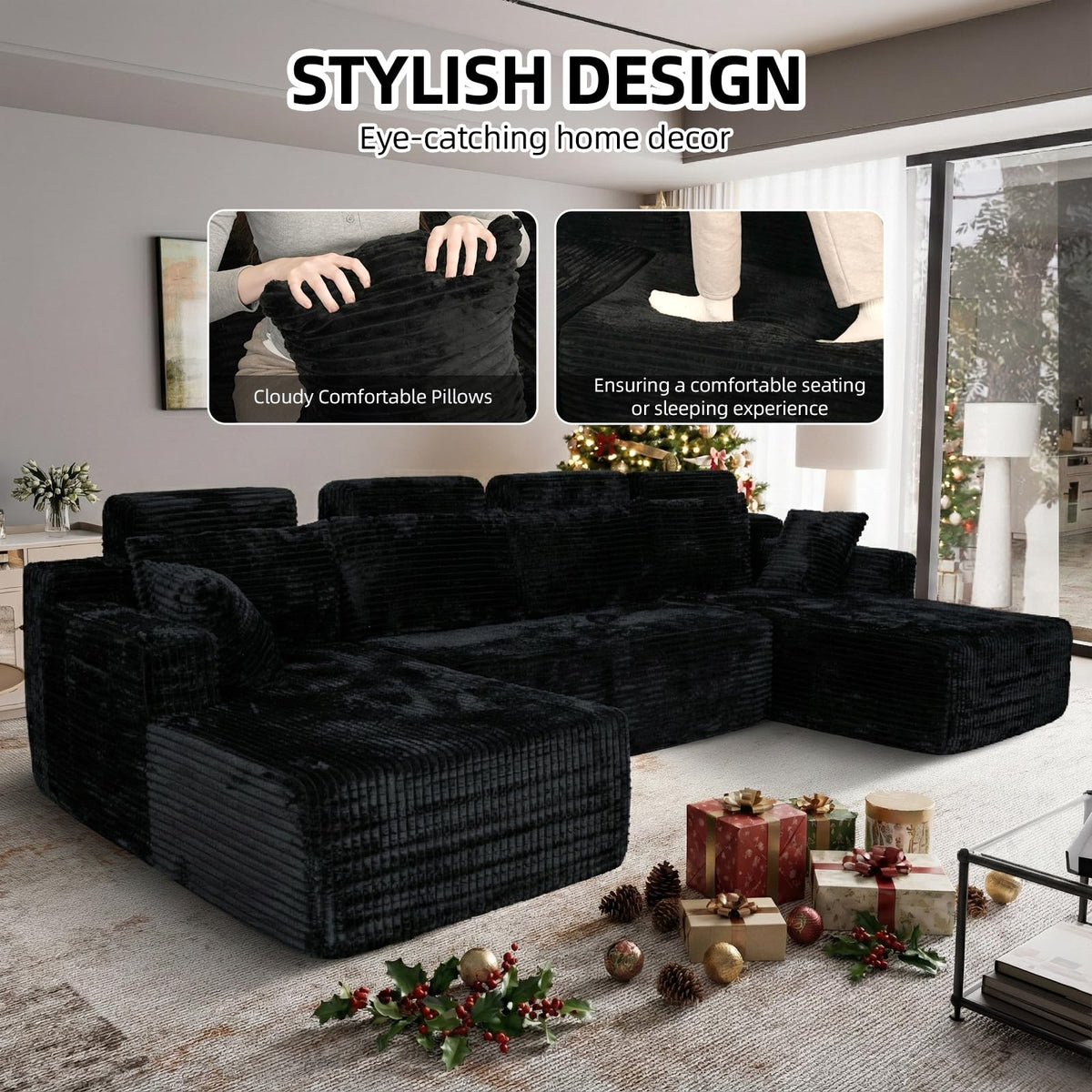 134" Boneless Couch for Living Room, Oversized U Shaped Modular Cloud Sofa with Deep Seat, 6 Seater Convertible Memory Foam Couches, No Assembly Plush Corduroy Sofa (Black)