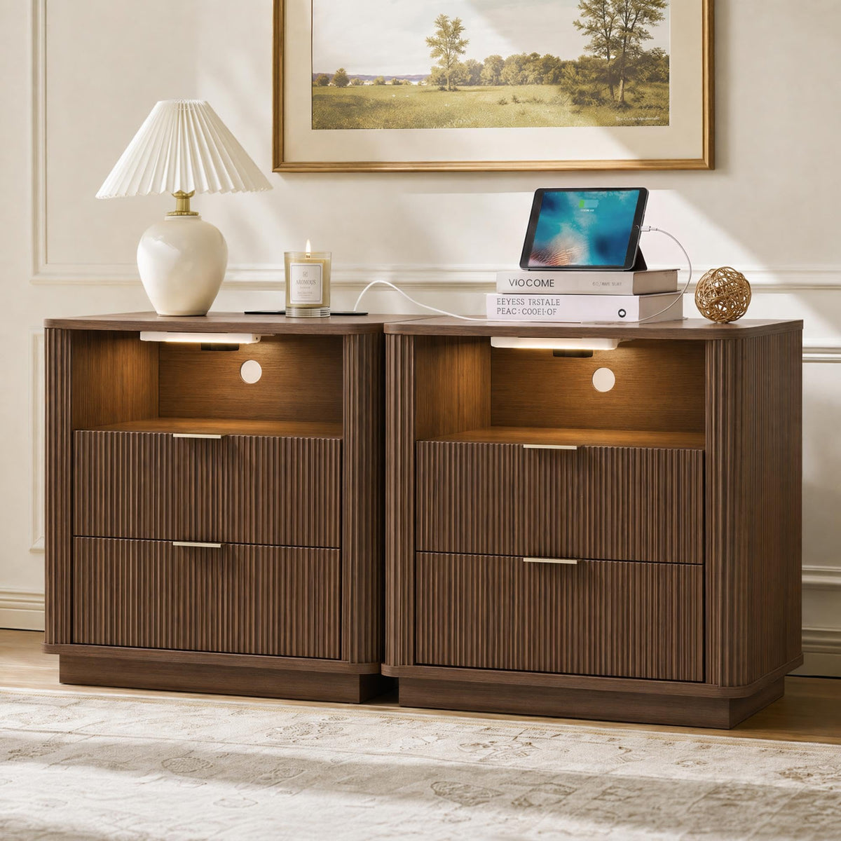 Walnut Fluted Charging Nightstands, Set of 2
