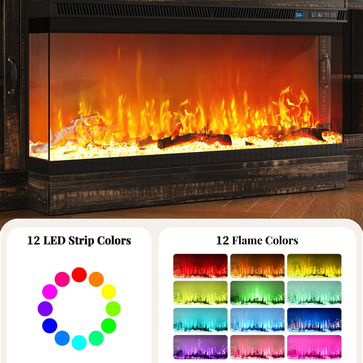 4 EVER WINNER 70" Fireplace TV Stand for TVs Up to 80", Farmhouse Entertainment Center with 3-Sided Glass Electric Fireplace, 2 Drawers, Storage Cabinets & Adjustable Shelves, Rustic Oak