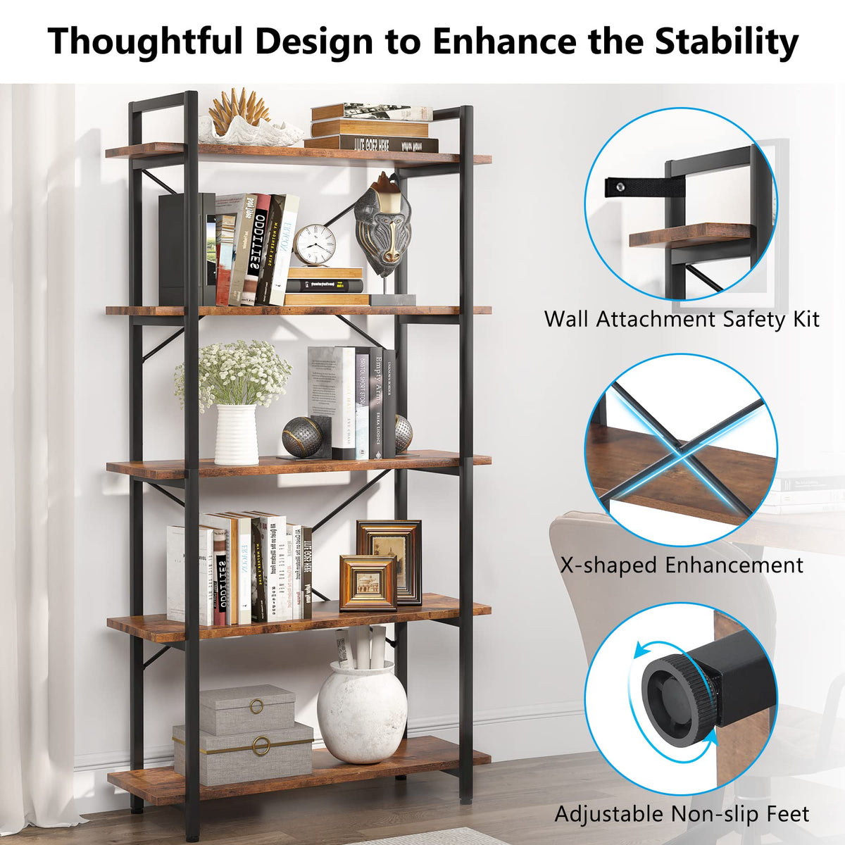 Rustic 5-Tier Industrial Bookcase