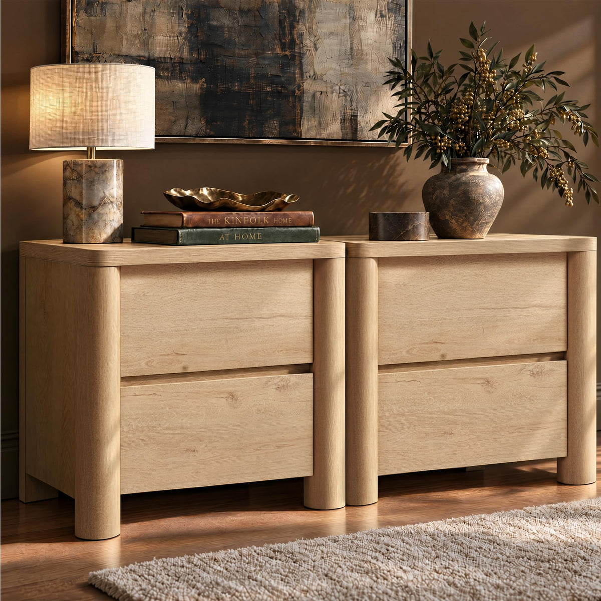 ModernMate Nightstands Set of 2, 26" Night Stand with 2 Drawers, Large Bedside Table with Thick Top, Stable Round Legs, Wood Nightstand for Bedroom Living Room End Bed Side Tables,Natural Oak