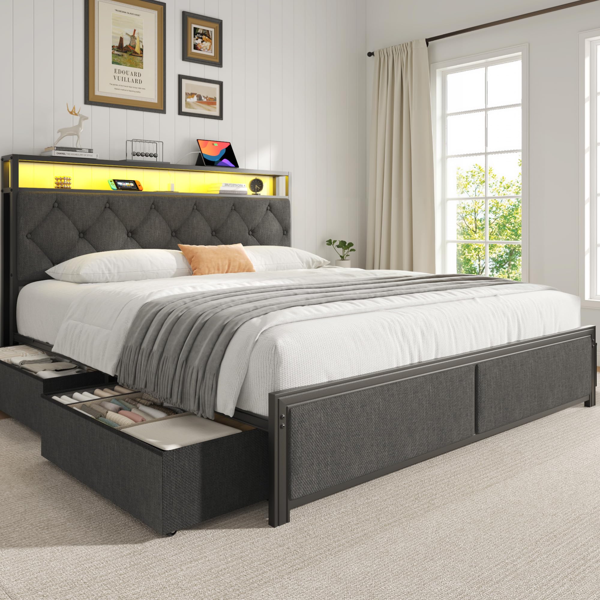 Queen Bed Frame with Storage, LED Lights & Charging Station