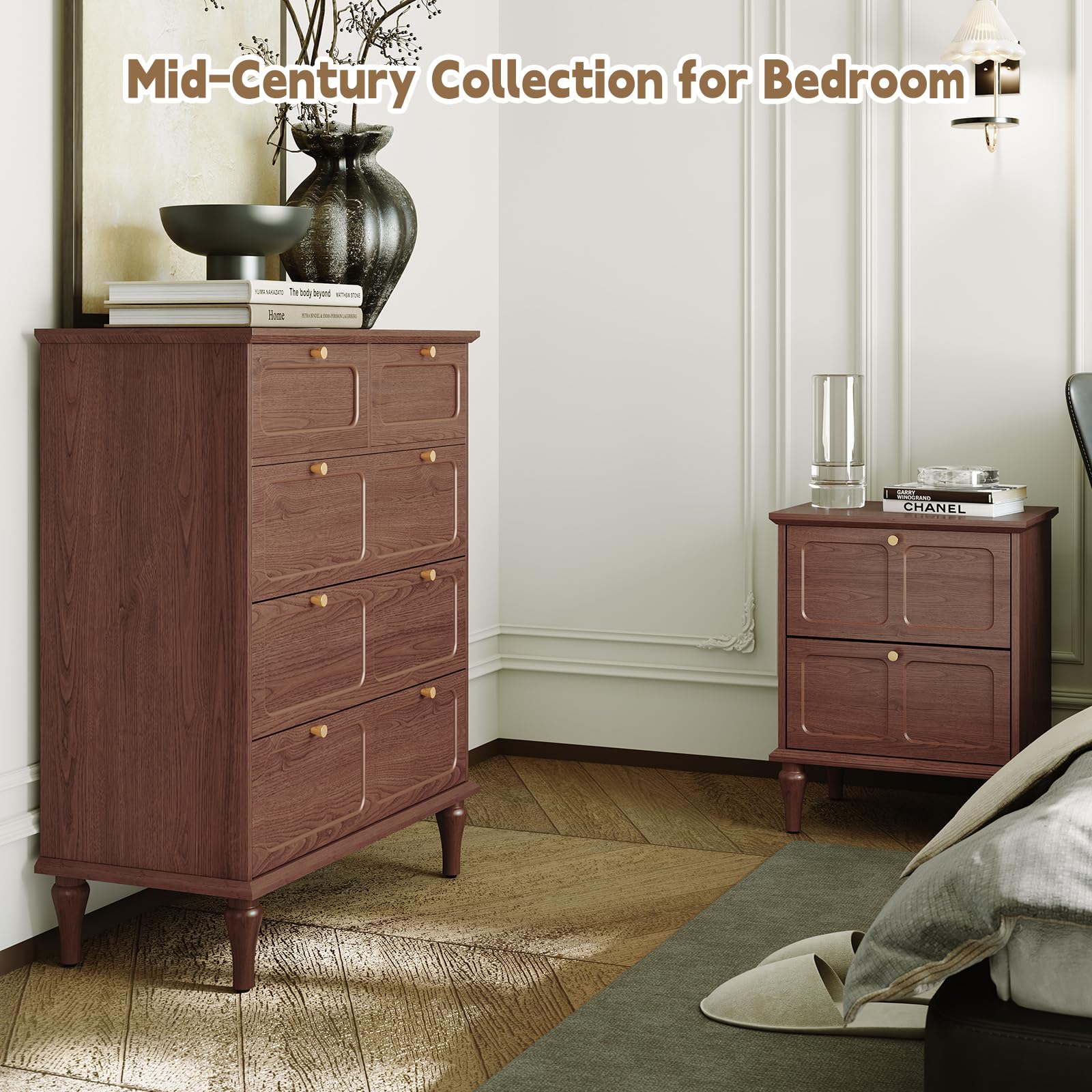 ARTPOWER 5 Drawer Dresser for Bedroom, Tall Dressers & Chests of Drawers with Solid Wood Legs and Brass Handles, Vertical Storage Organizer for Living Rooms, Hallway, Entryways, Offices, Brown