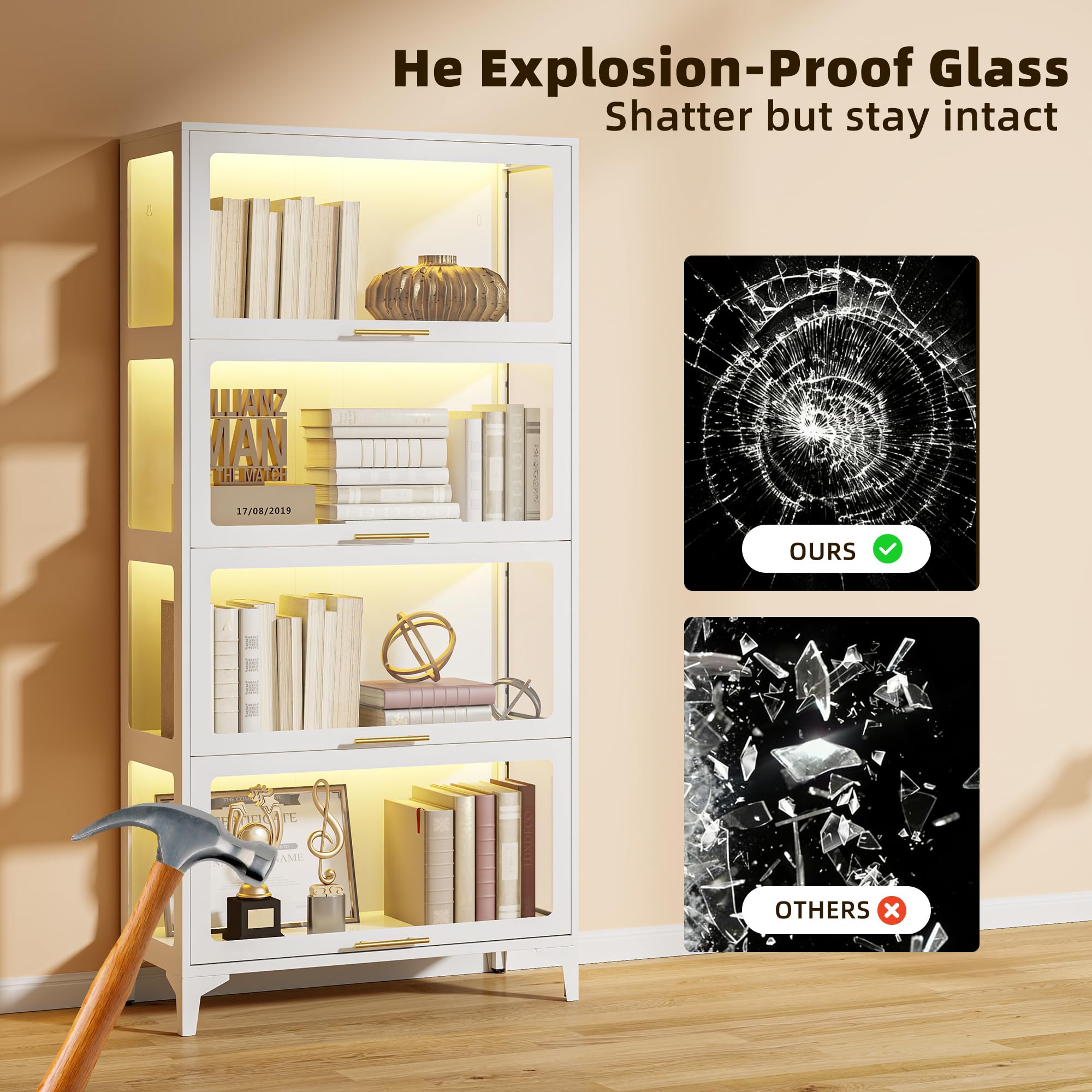 NadooLite 4-Tier LED Lighted Display Cabinet with Glass Doors, Curio Storage Cabinet for Collectibles, Glass Display Case, Modern Tall Showcase Cabinet for Living Room, Home Office and Study, White
