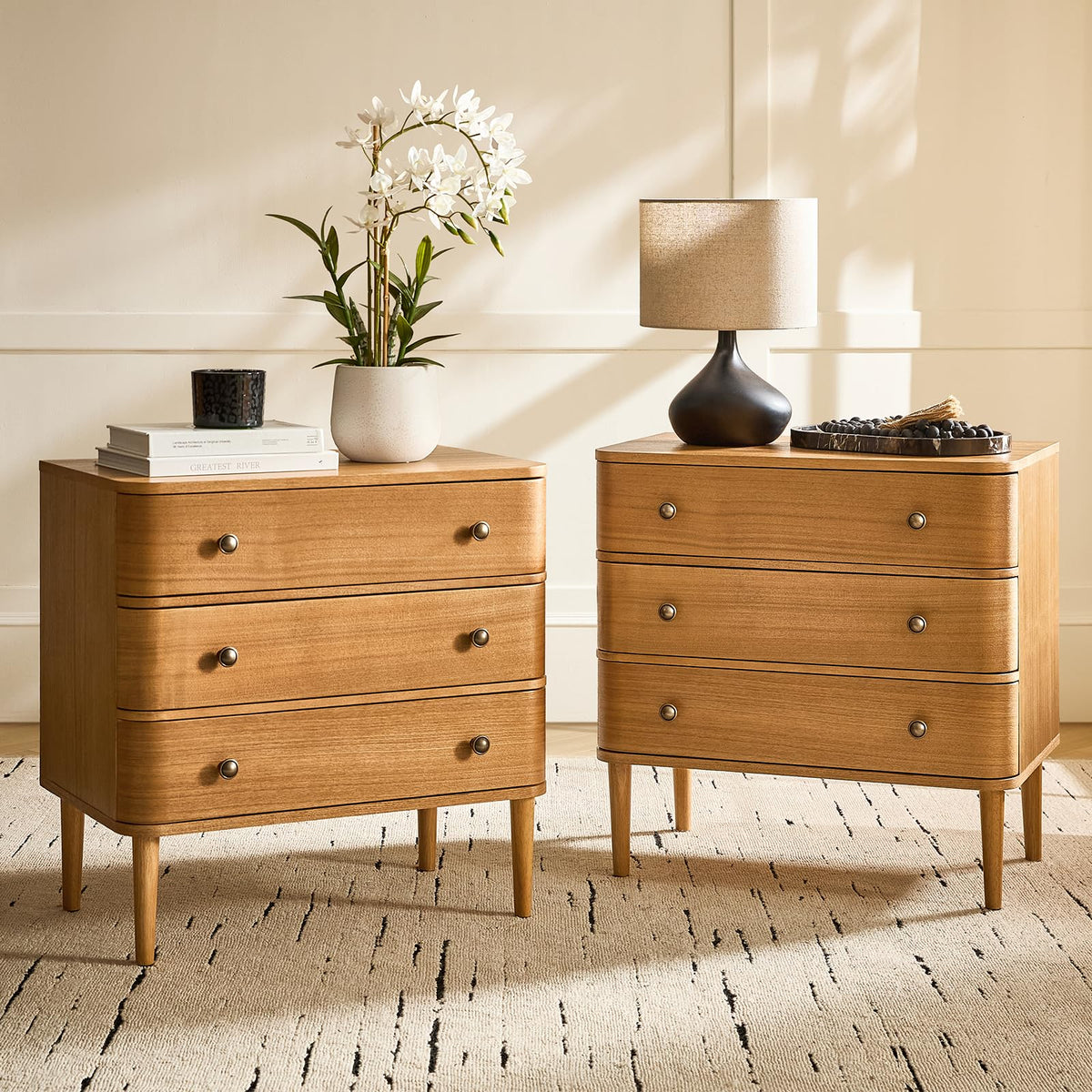 HULALA HOME 3 Drawer End Table with Charge Station, Set of 2, Oak