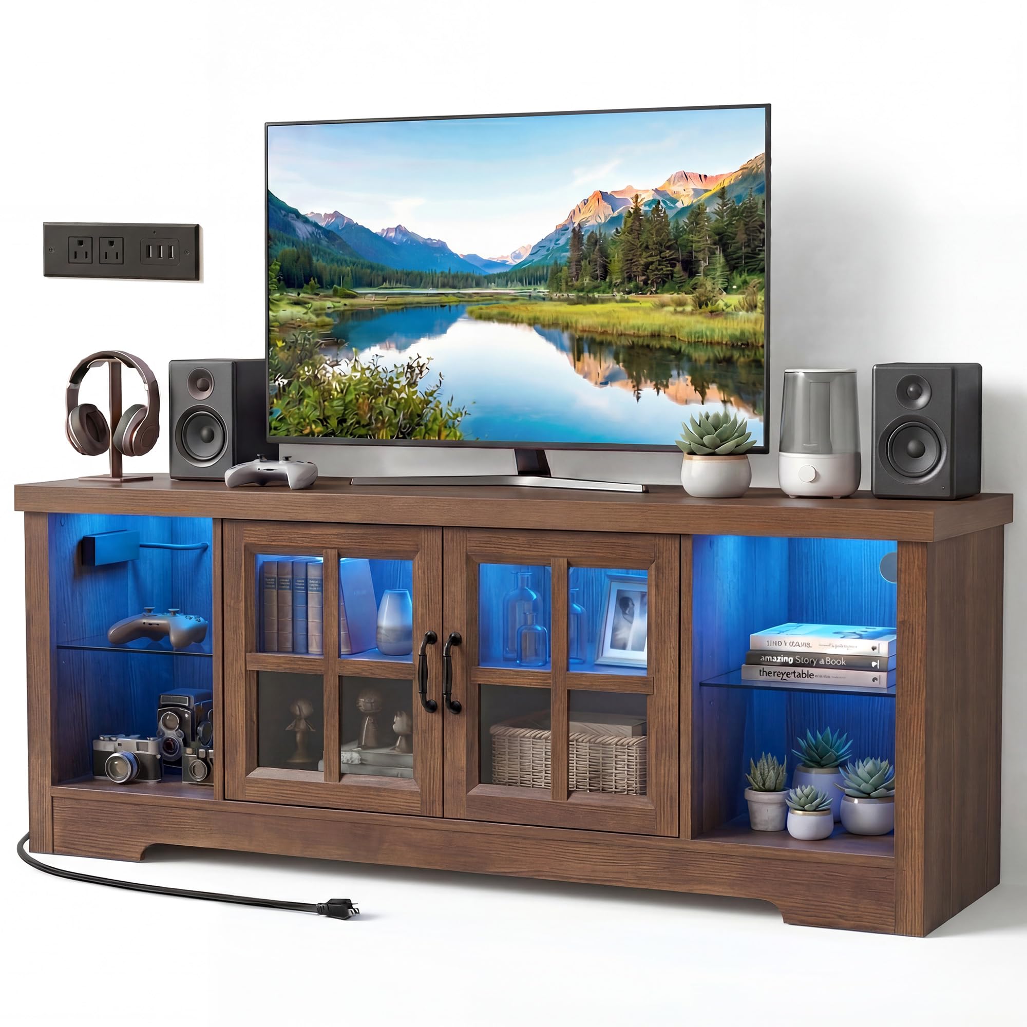 55" LED TV Stand with Charging Station & Adjustable Shelf