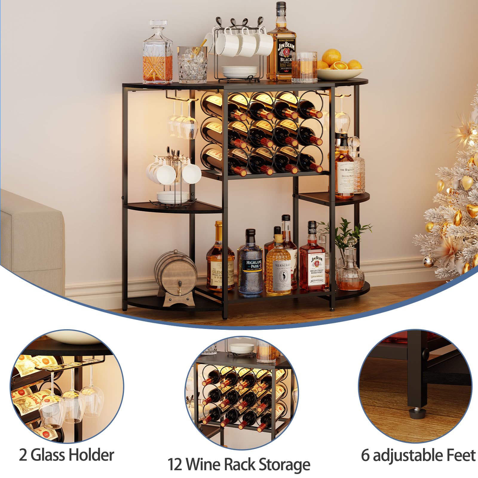3-Tier Wine Bar Cabinet with LED Lights & Glass Holder