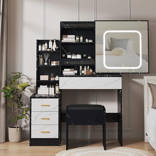 Vanity Desk with Sliding LED Mirror & Cushioned Stool