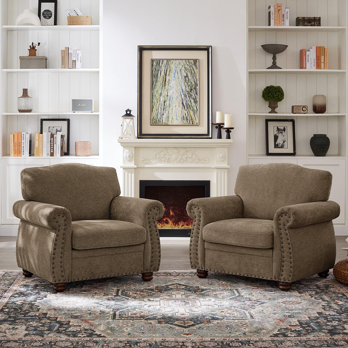 ONBRILL Nailhead Trim Armchair, Rolled Arm Accent Chair,Chenille Sofa Chair