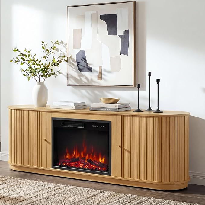 70" Fluted Fireplace TV Stand with Sliding Tambour Doors
