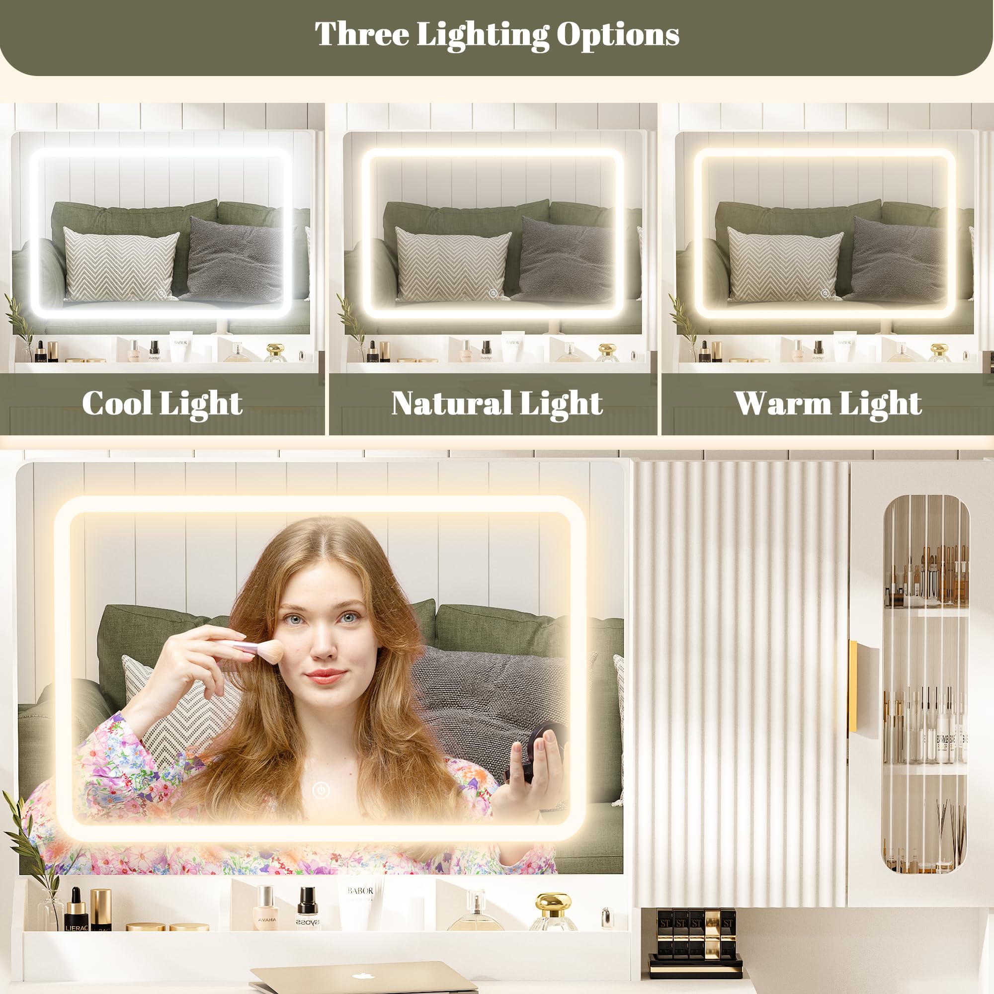 42" Modern Makeup Vanity Desk with Mirror and Lights, Makeup Vanity with 5 Shelves& 2 Drawers and Cabinet, Vanity Table with Power Outlet, 3 Color Adjustable Lighting Dressing Table Set for Bedroom