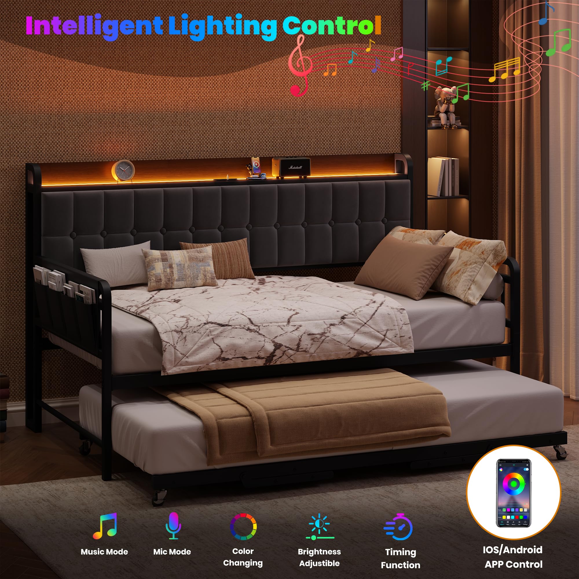 Garvee Twin Bed Frame Daybed with Trundle - with LED Light & Charging Station, Upholstered Sofa Bed with Storage Headboard and Heavy Duty Metal Slats, for Living Room, Bedroom, Guest Room, Black