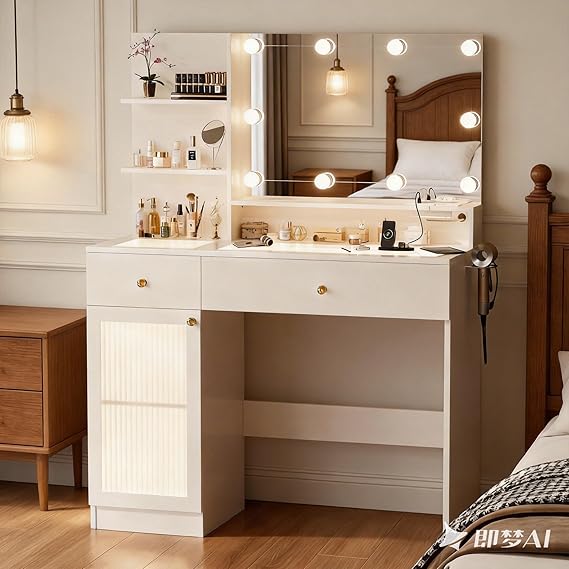 44" Glass Top Makeup Vanity Desk with Mirror & LED Lights
