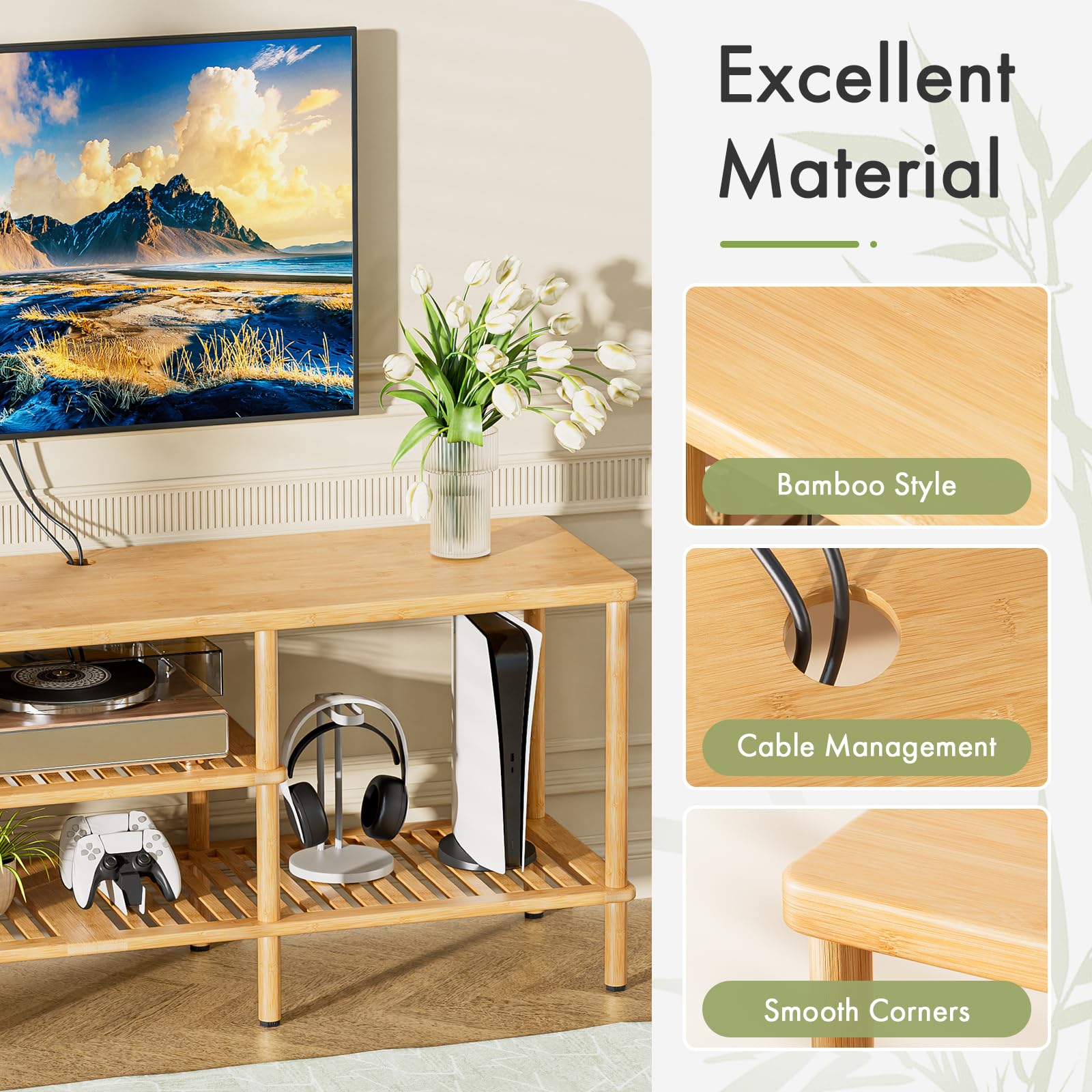 Bamboo TV Stand with 3-Tier Open Storage Shelf