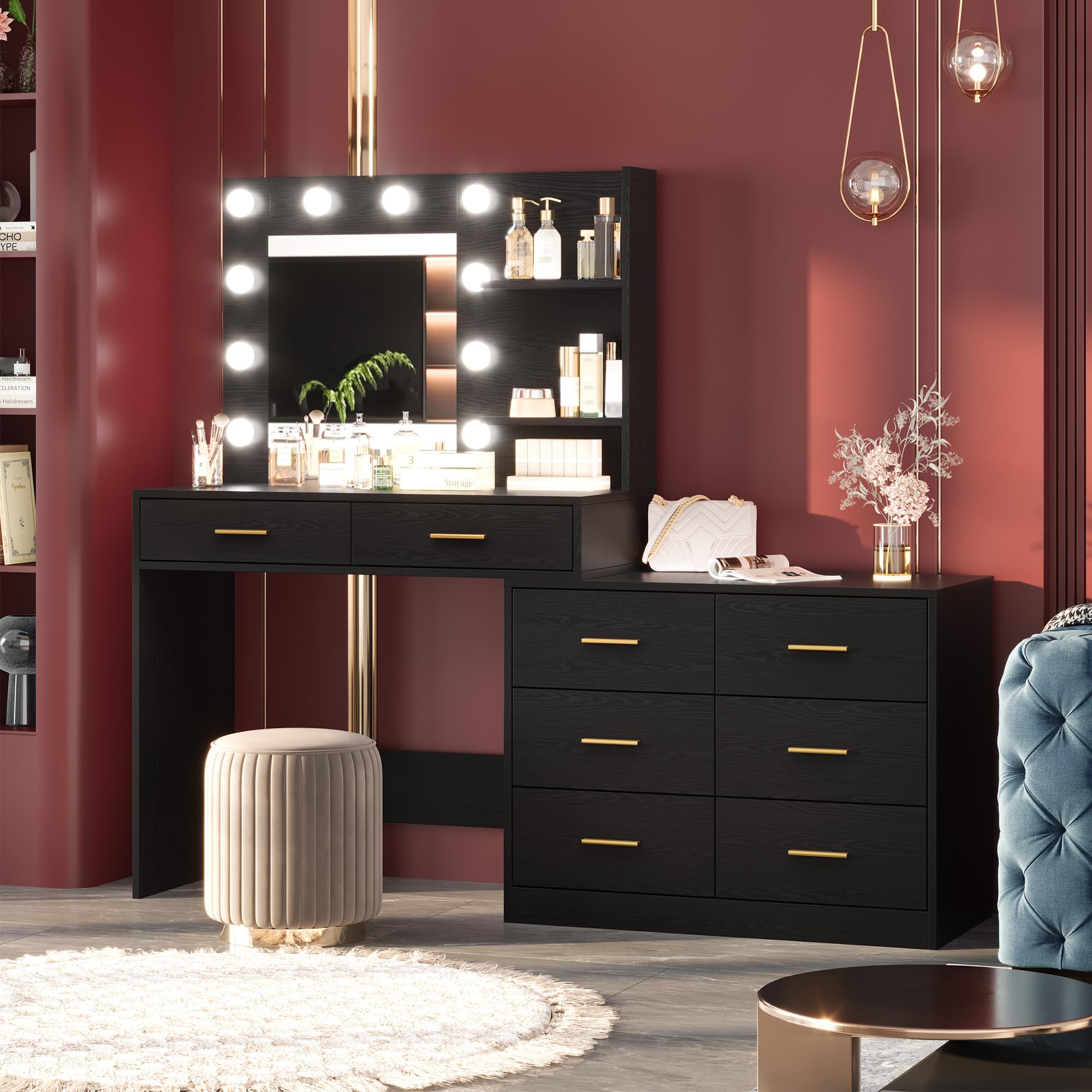 GarveeHome 61 in Make up Vanity Desk with Mirror and Lights, Black Vanity with 8 Wide Storage Drawers & 2 Tier Shelves, 3 Lighting Modes with Adjustable Brightness for Bedroom