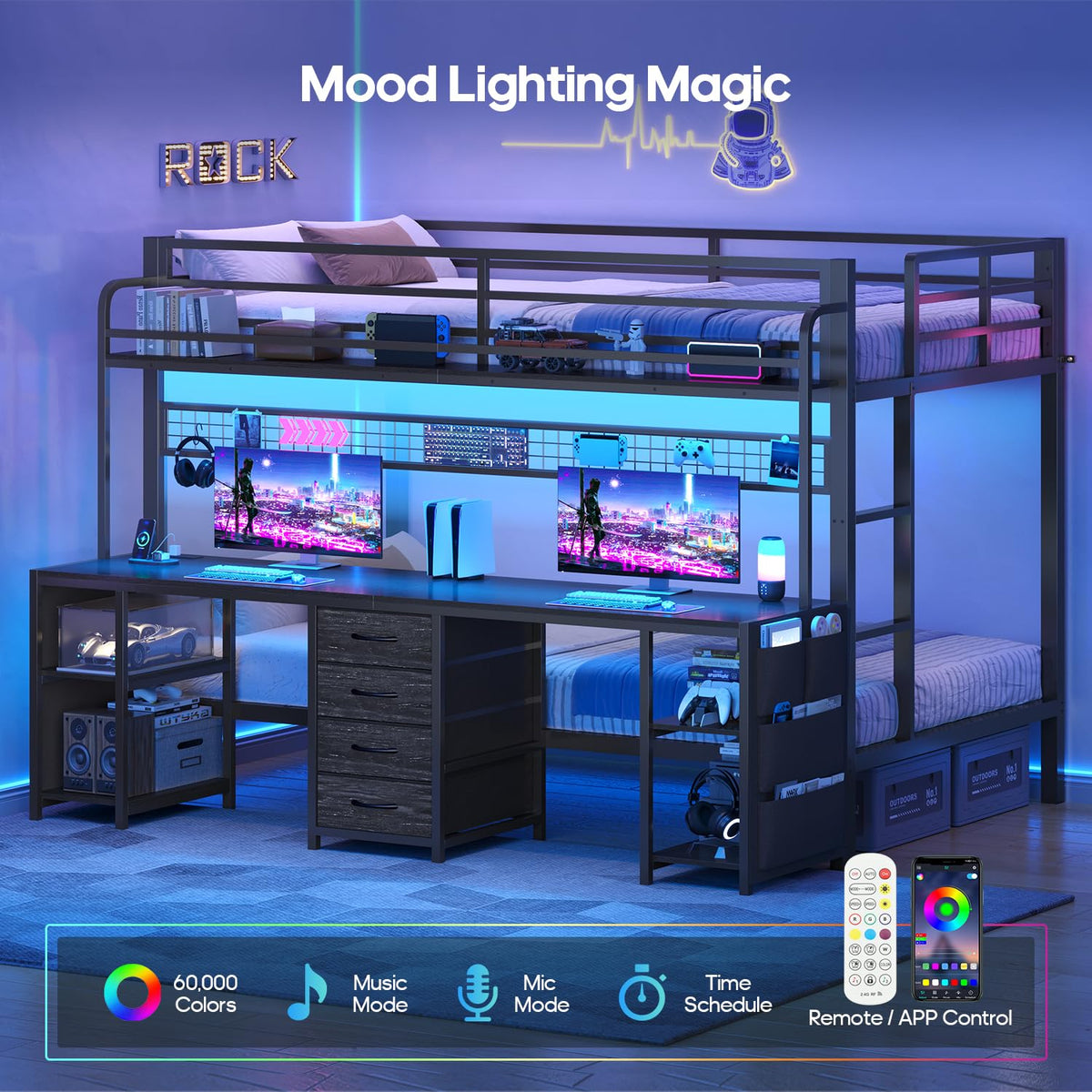Twin Bunk Bed with Desk & LED Lights