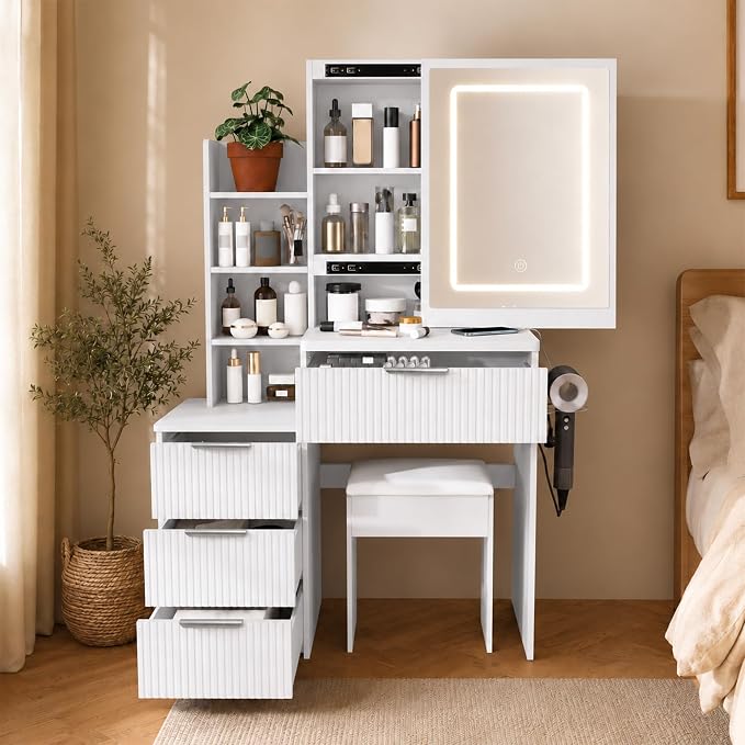 Compact LED Makeup Vanity with Stool