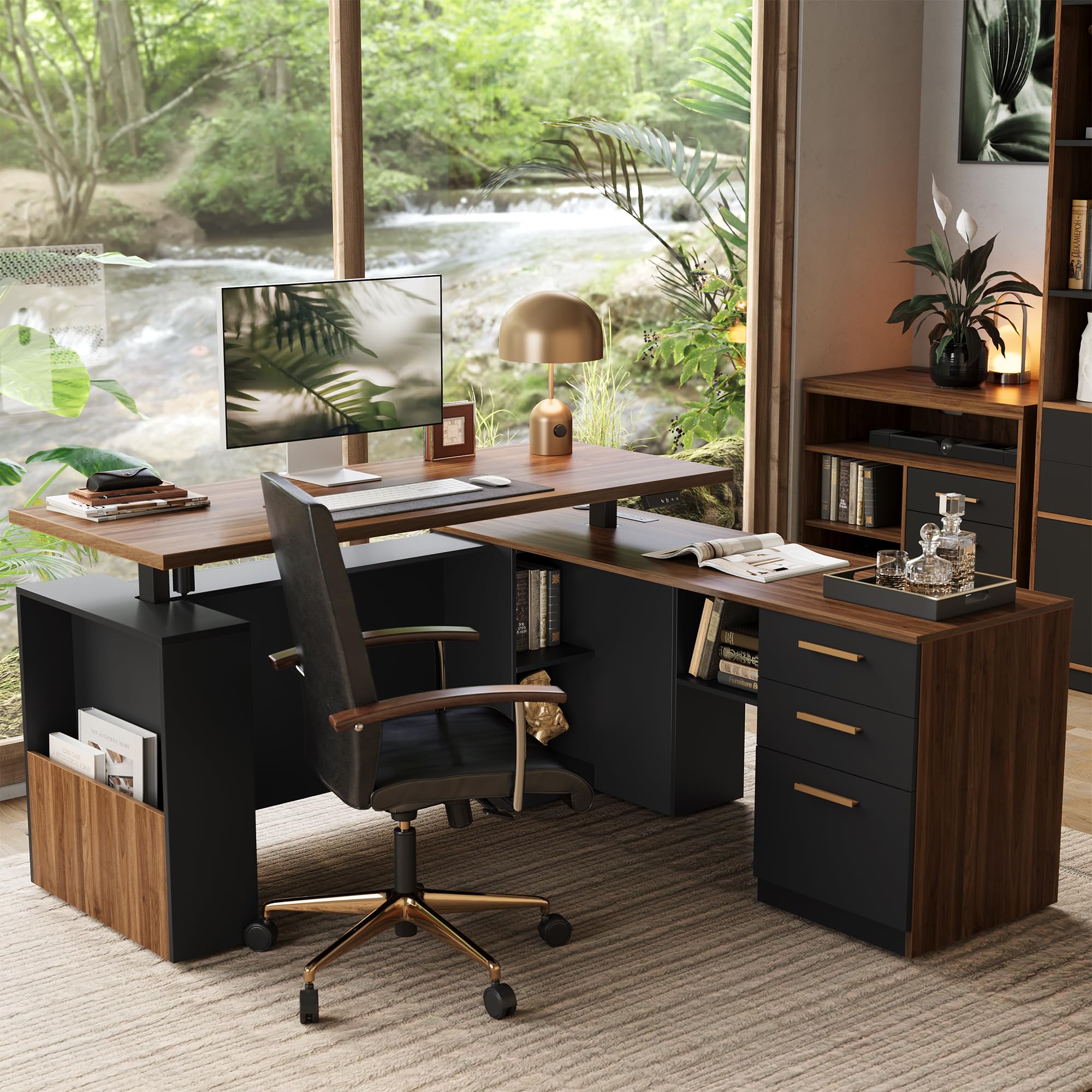 L-Shaped Electric Standing Desk with File Cabinet