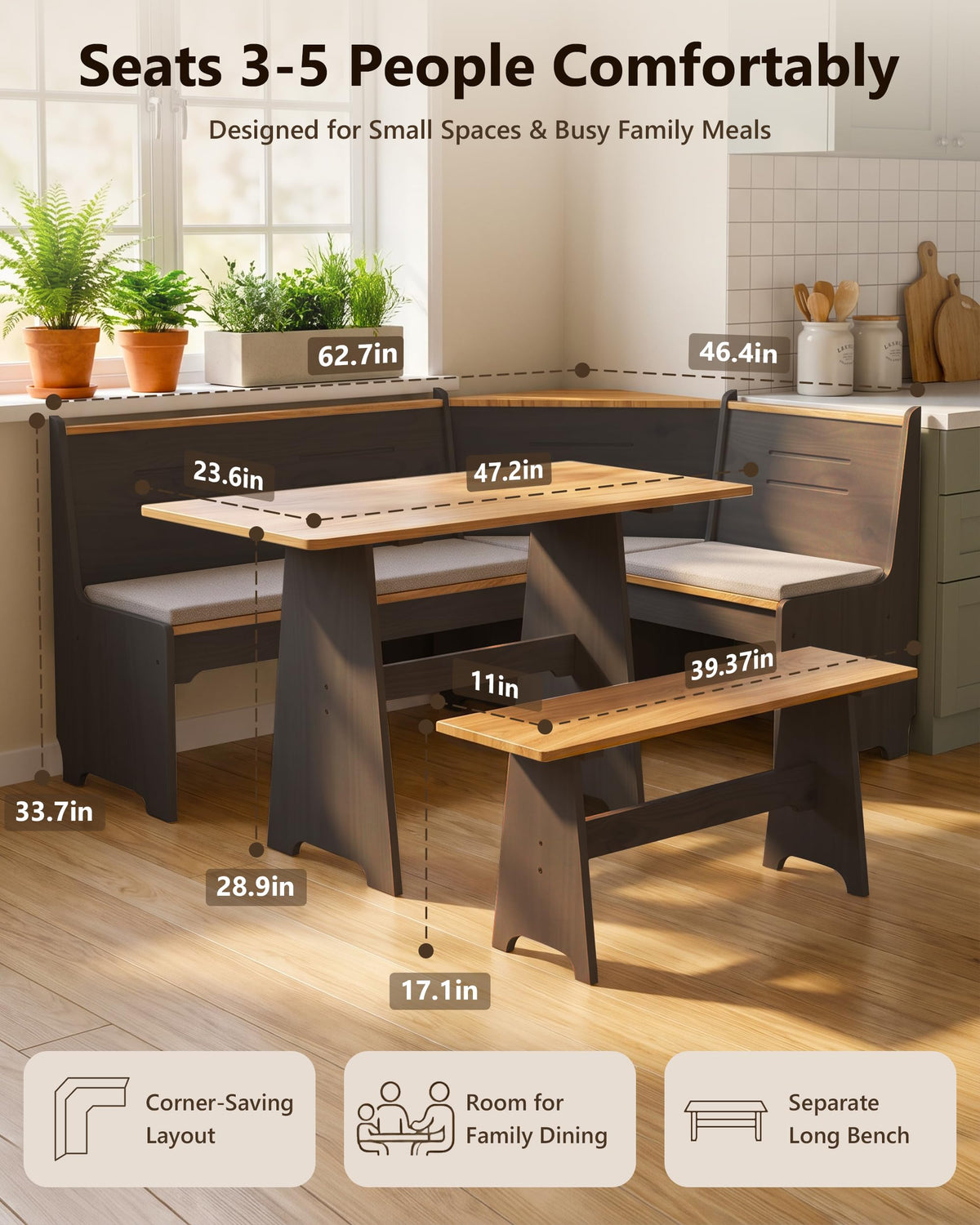 Kitchen Breakfast Nook Table Set - Corner Dining Table Set with Cushion