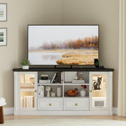 Farmhouse Corner TV Stand for 55 65 Inch TV, Modern Corner Entertainment Center with Power Outlet, Adjustable LED Lights & Glass Doors , Wood Console Cabinet with Storage for Living Room, Bedroom