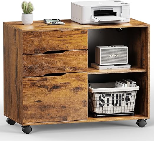 Rolling File Cabinet with 3 Drawers & Adjustable Shelf