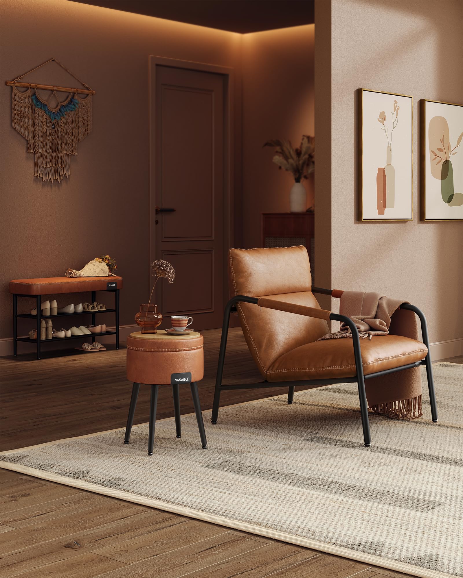 VASAGLE EKHO Collection - Accent Chair, Metal Framed Armchair, Synthetic Leather with Stitching, Mid-Century Modern, Sling Chair for Living, Bedroom, Reading Room, Lounge, Caramel Brown ULAC014K01