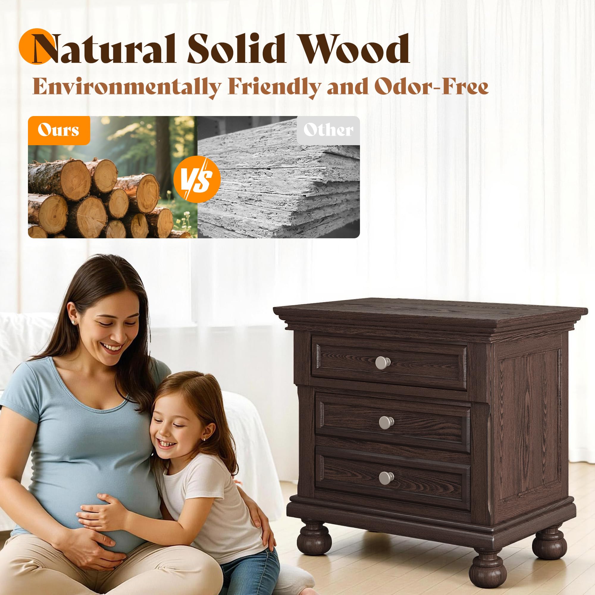 Solid Wood 3-Piece Bedroom Set with High Bed Frame & Nightstands – Dark Brown