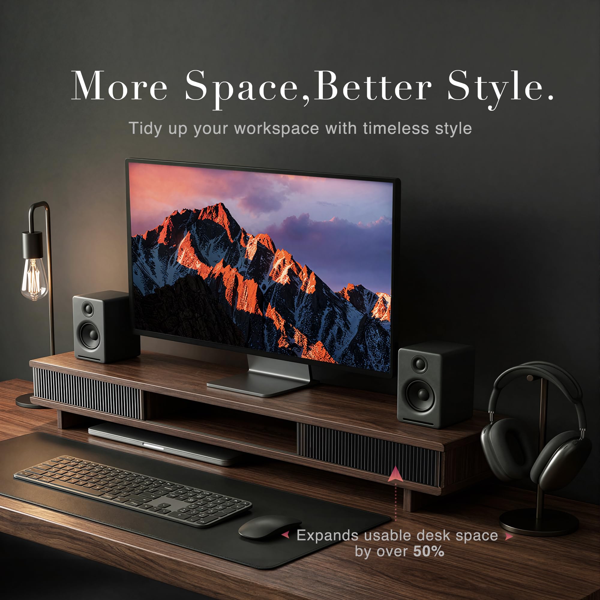 Wide Monitor Riser with Sliding Door Storage