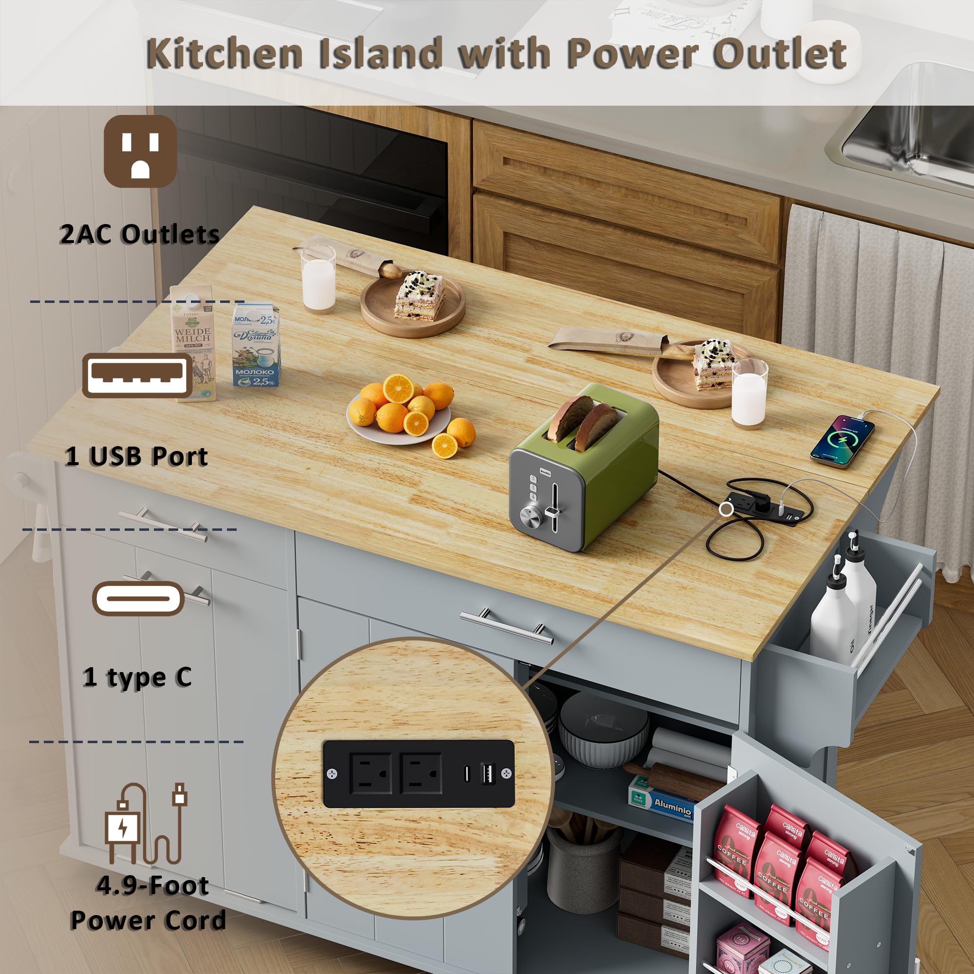Rolling Kitchen Island with Trash Can Storage & Drop Leaf