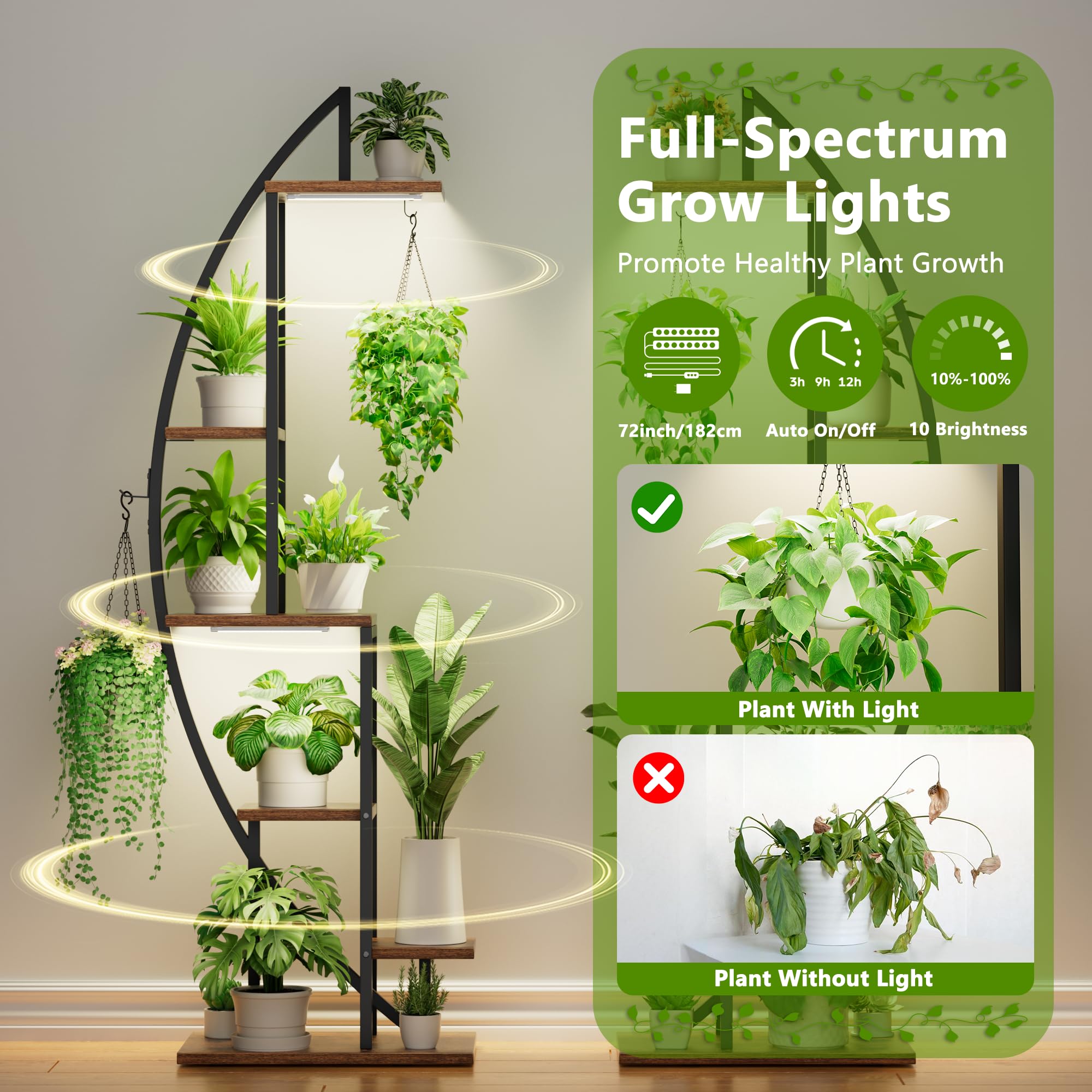6-Tier Half-Moon Plant Stand with Grow Lights, 2-Pack