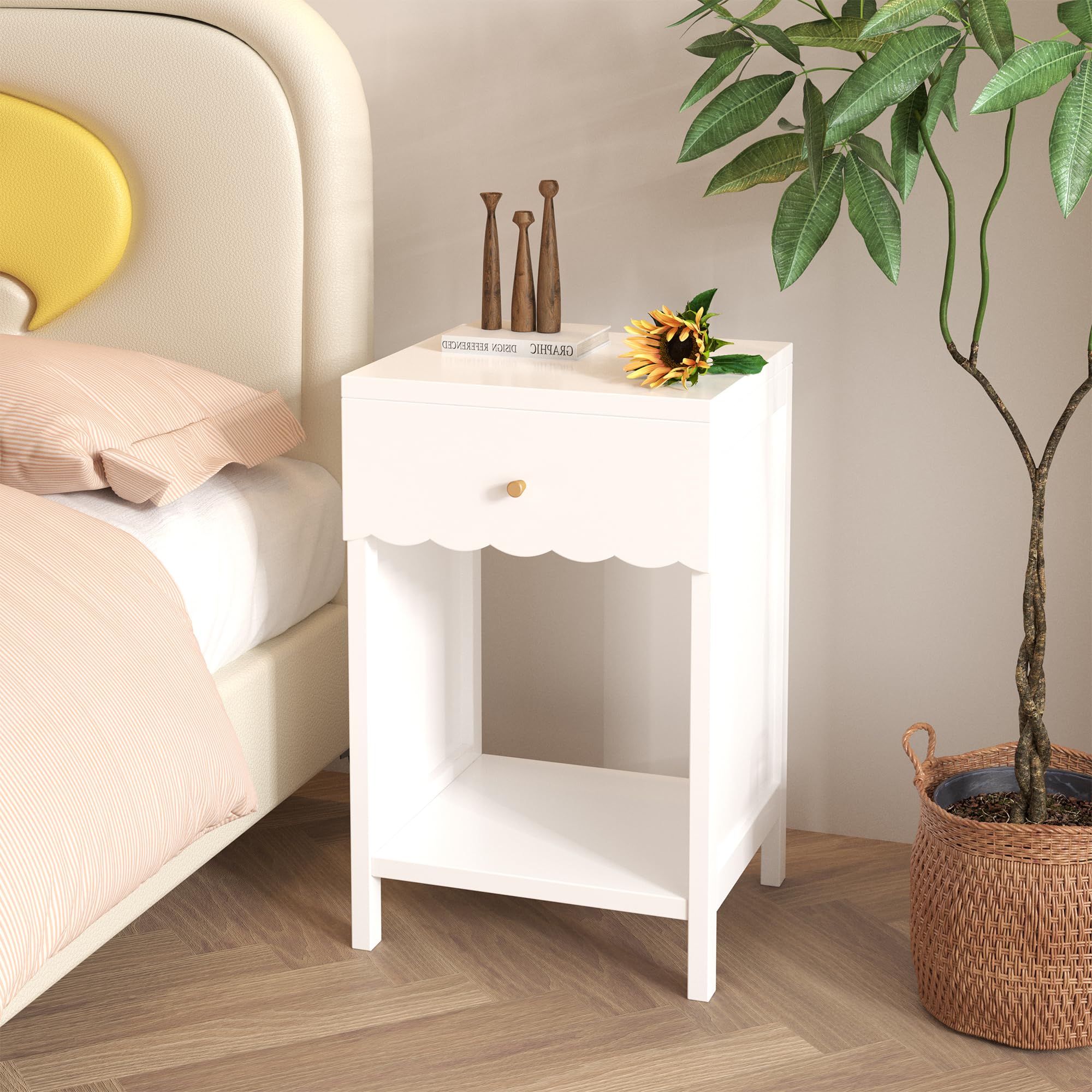 Xylavate Cute White Nightstand with Drawer and Open Shelf, Scalloped Edge Design Bedroom Bedside Table, Wood End Table for Kids Girls Bedroom, White
