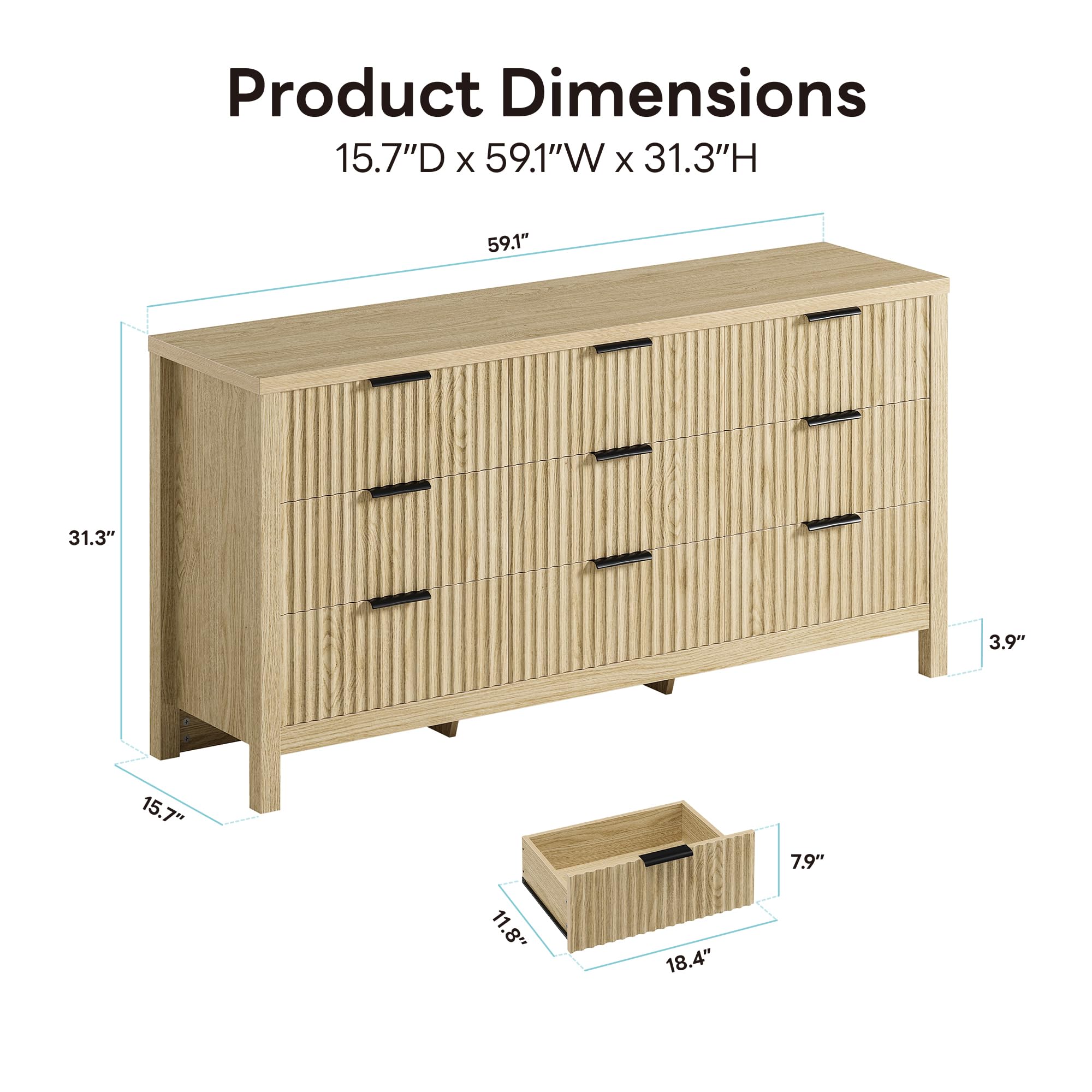 9-Drawer Fluted Dresser with Metal Handles – Natural Oak