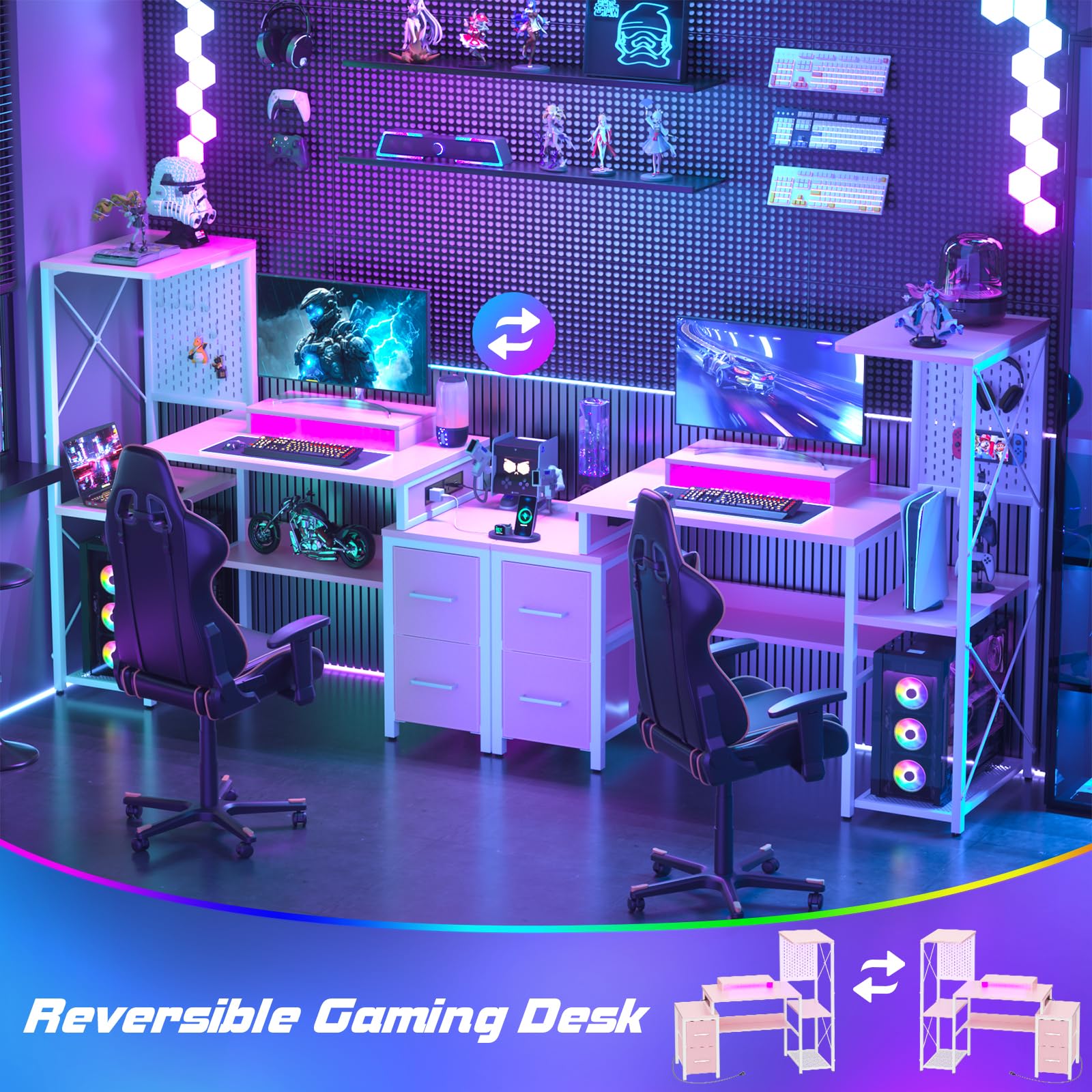 Gaming Desk with Drawers, LED Lights & Power Outlet