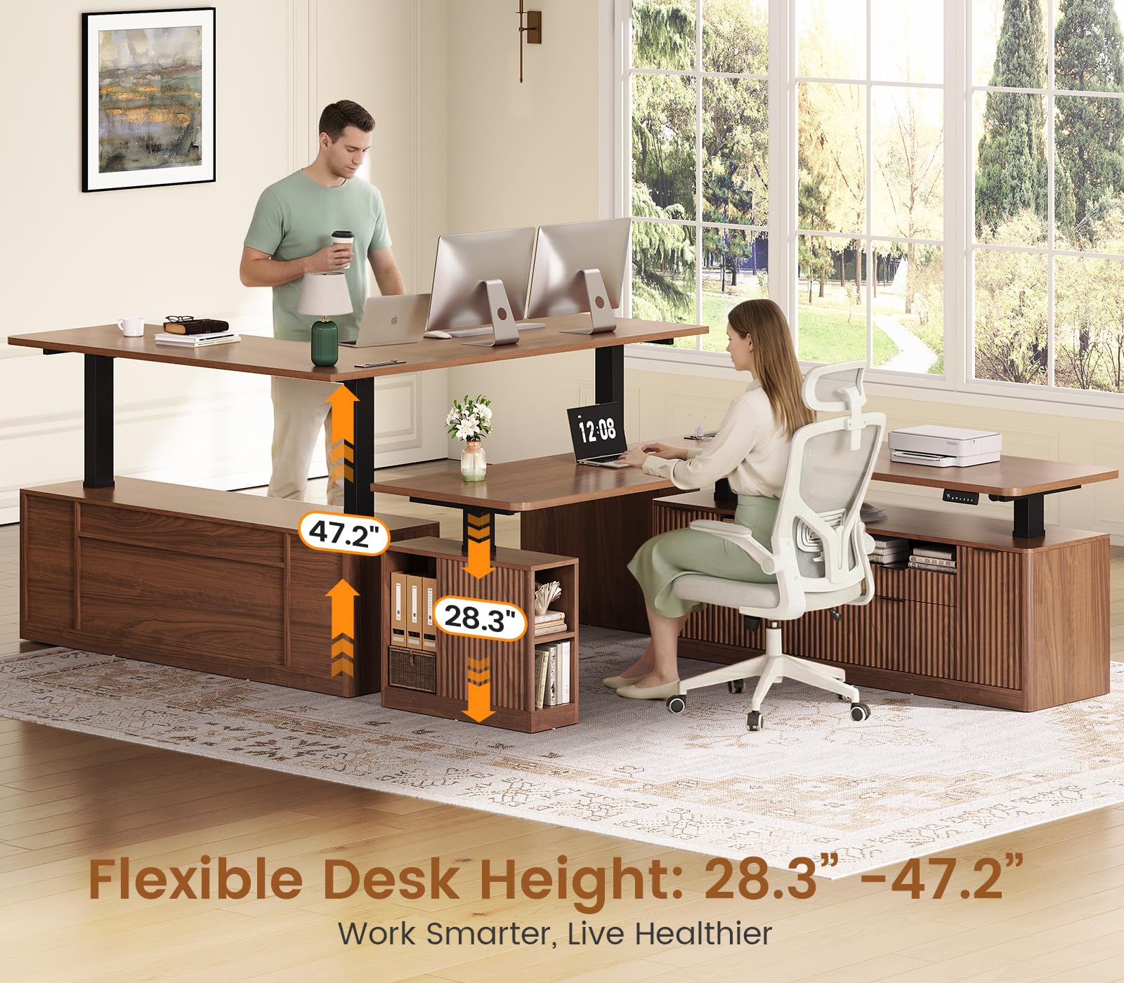 SEDETA L Shaped Electric Standing Desk, 69" x 55"Height Adjustable Office Executive Desk with 4 Drawers and Storage Shelves, Fluted Sit Stand Computer Desk with Power Outlet for Home Office