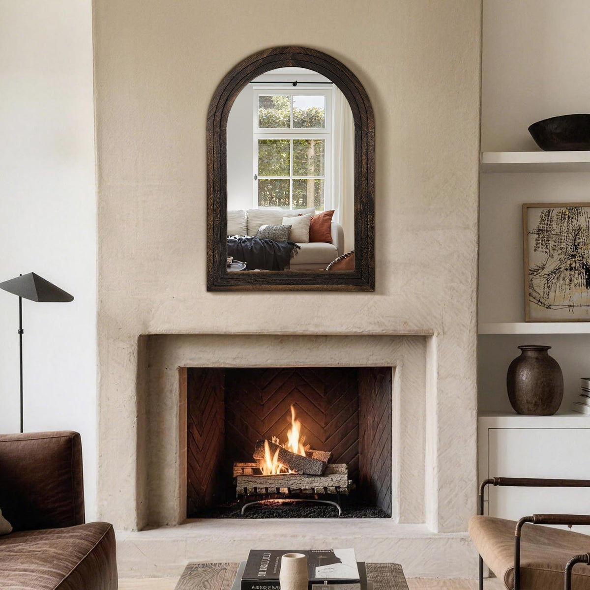 Arched Brown Wood Wall Mirror