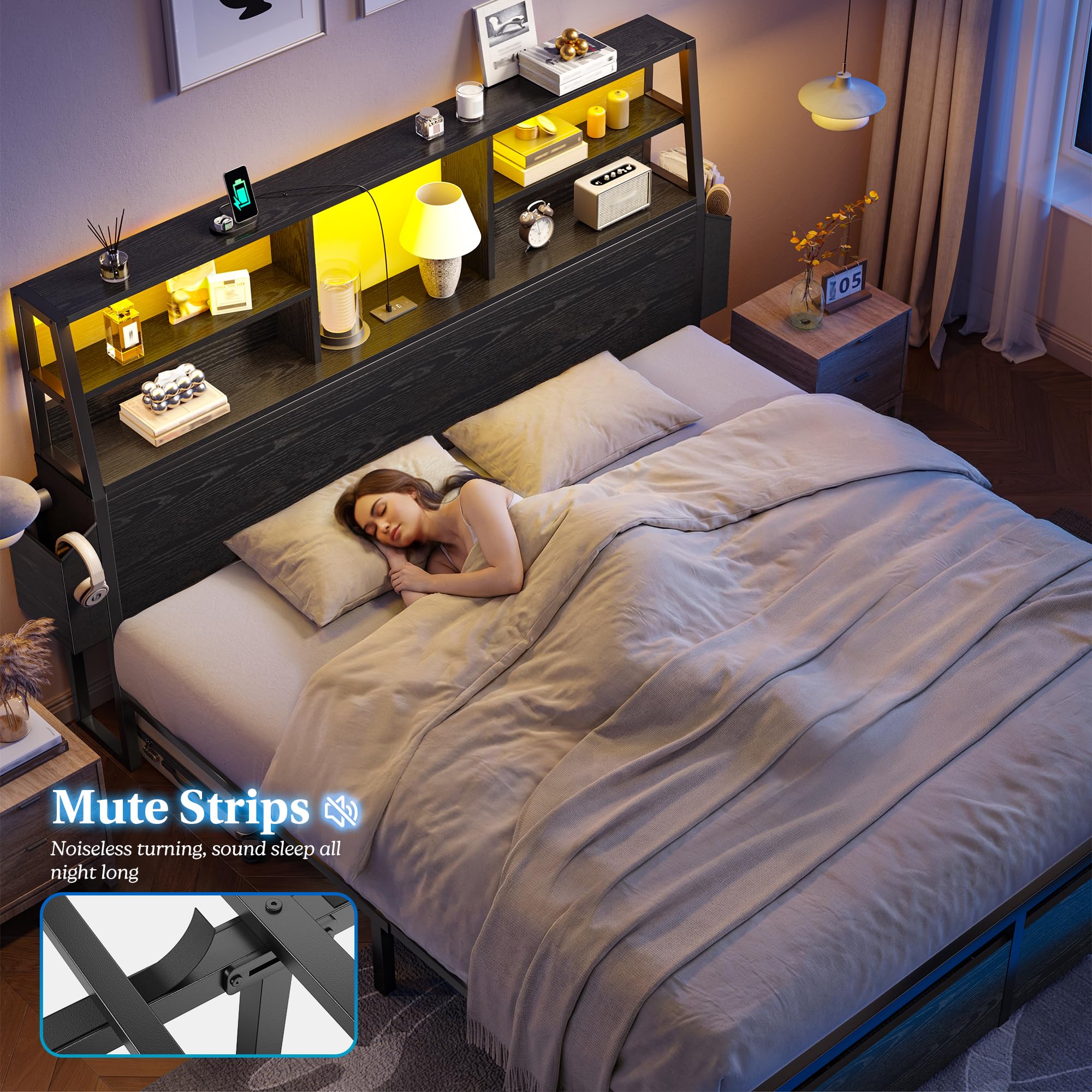 Bed Frame with Storage, LED Lights & Charging Station