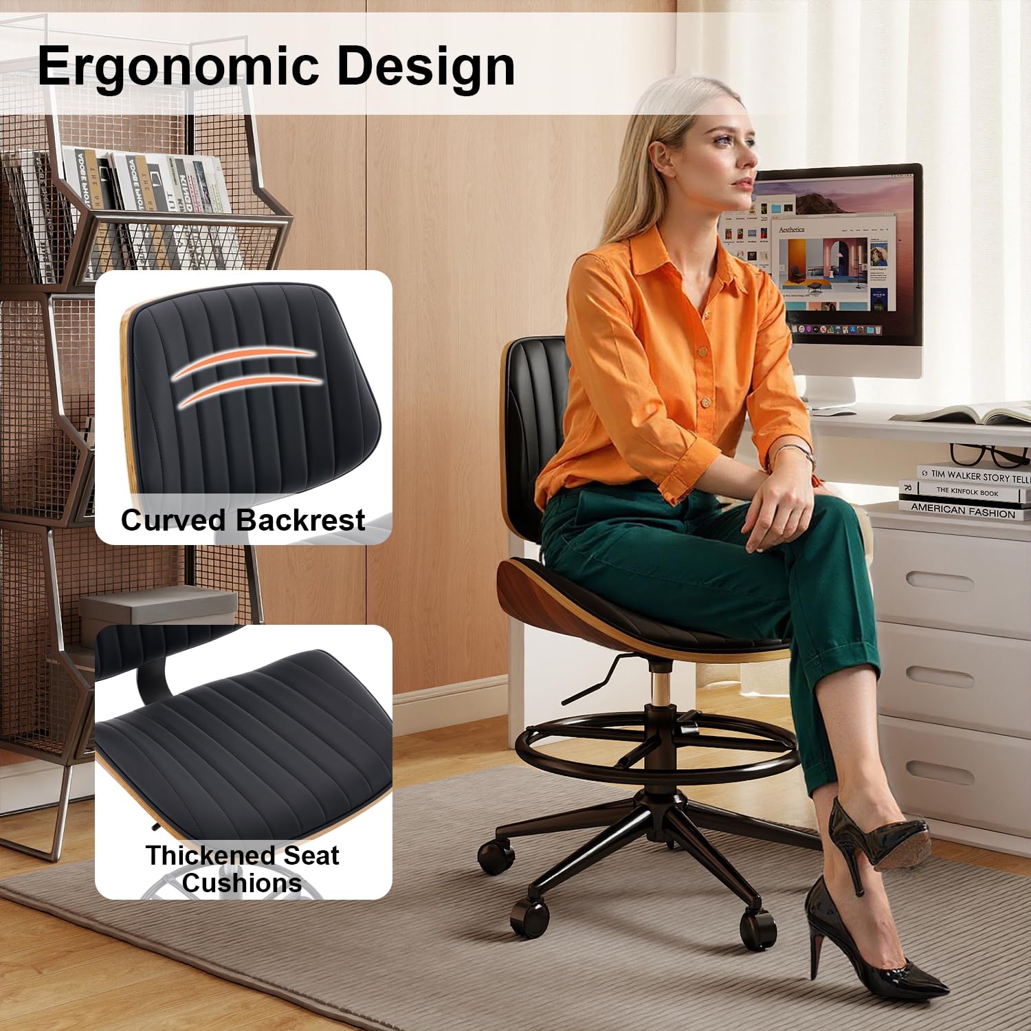 Ergonomic Drafting Chair with Walnut Wood Back