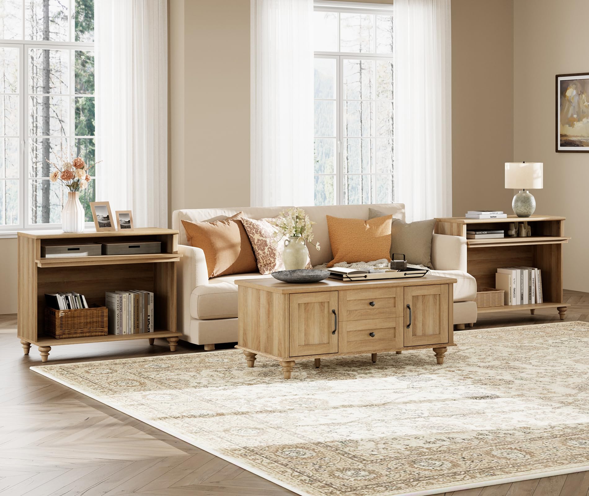 WAMPAT Set of 2 Farmhouse Large End Table, Tall Side Table with 2 Storages for Living Room, Oak
