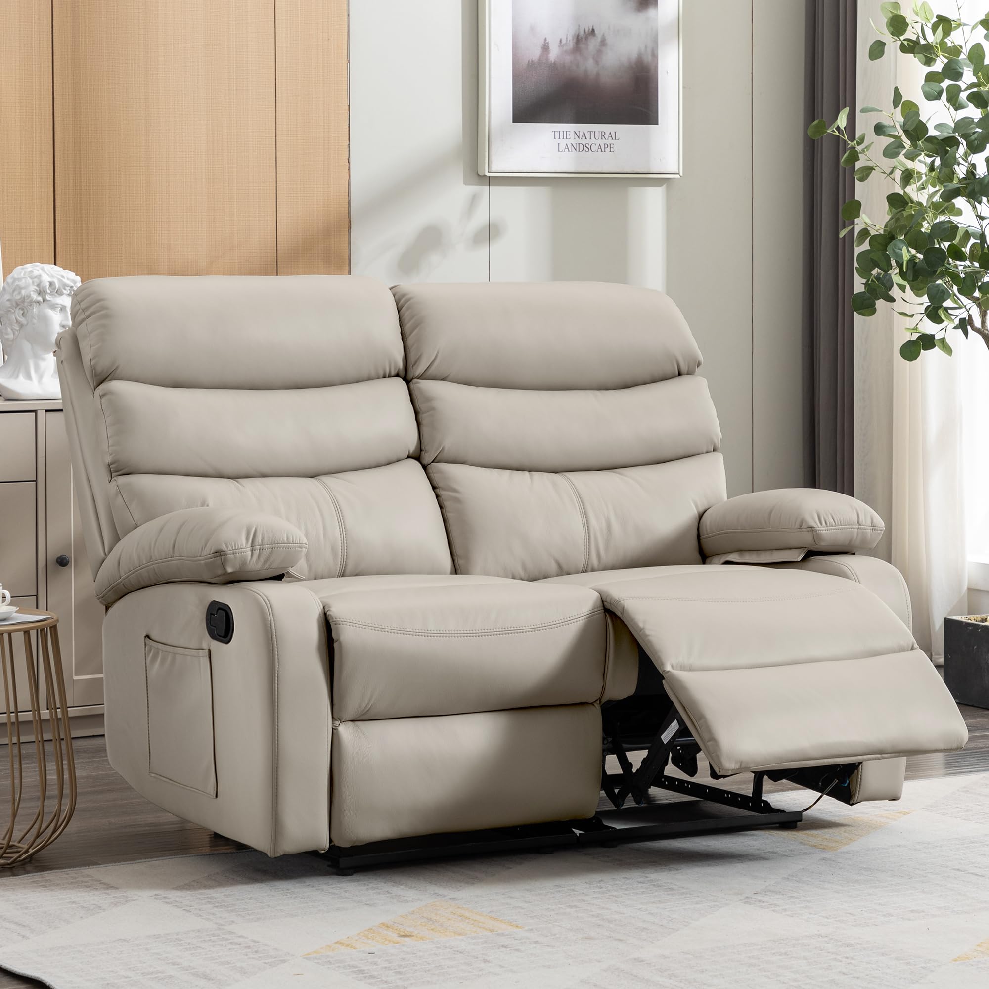GNMLP2020 Reclining Loveseat Sofa, Anti-Scratch Leather Manual Loveseat Recliner with Side Pocket, Wall Hugger Loveseat Recliner for Living Room, RV, Home Theater(Beige)