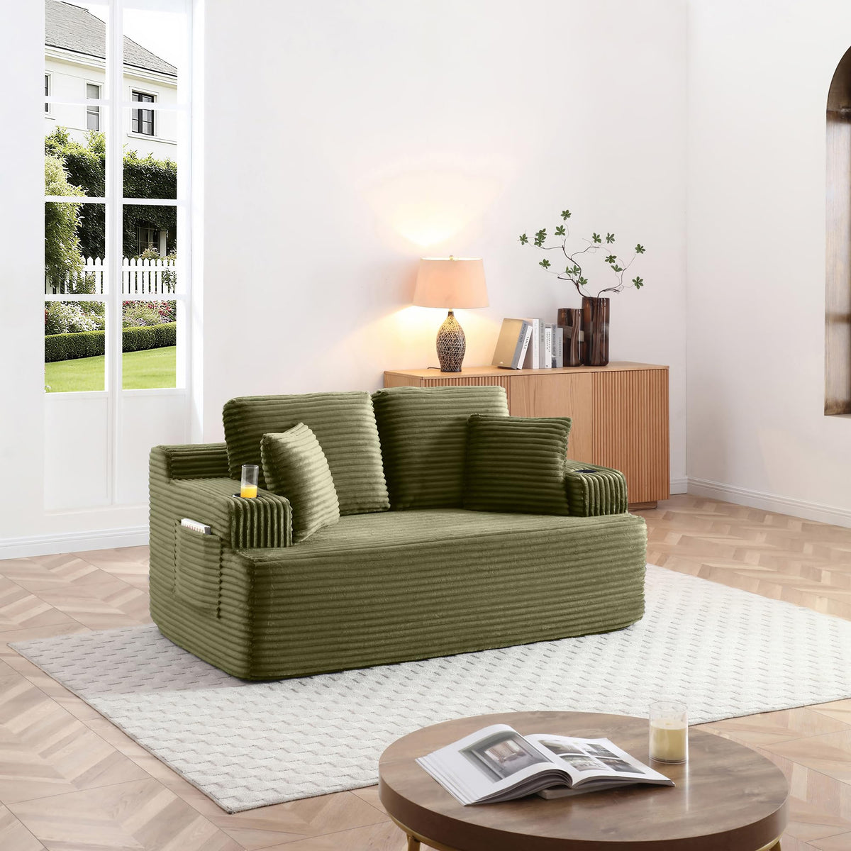 Corduroy Sofa with Cup Holders