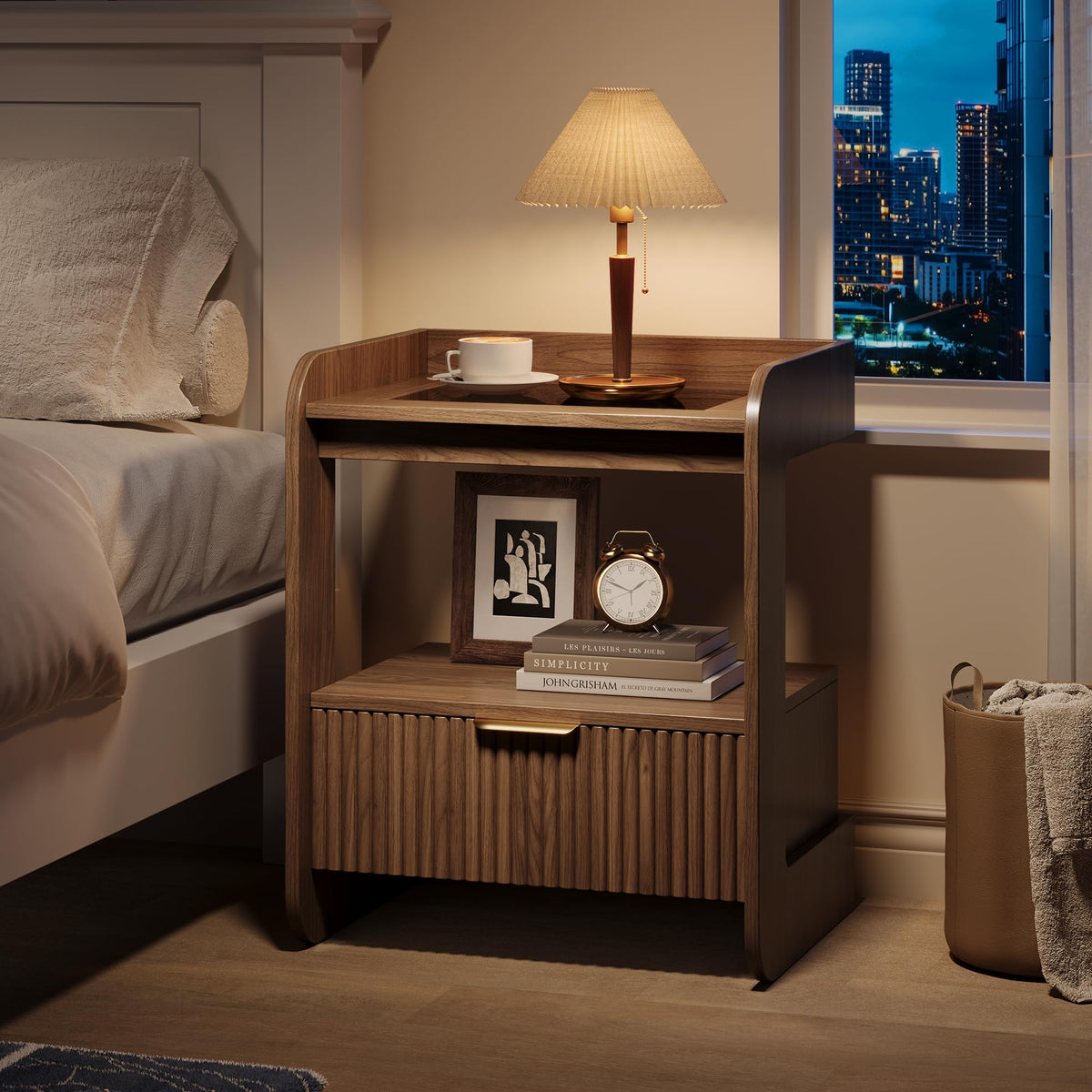 Fluted Nightstands Set of 2, Mid Century Modern Night Stand with Drawer and Open Shelf, Amber Glass Top Wood Bedside End Tables for Bedroom and Living Room