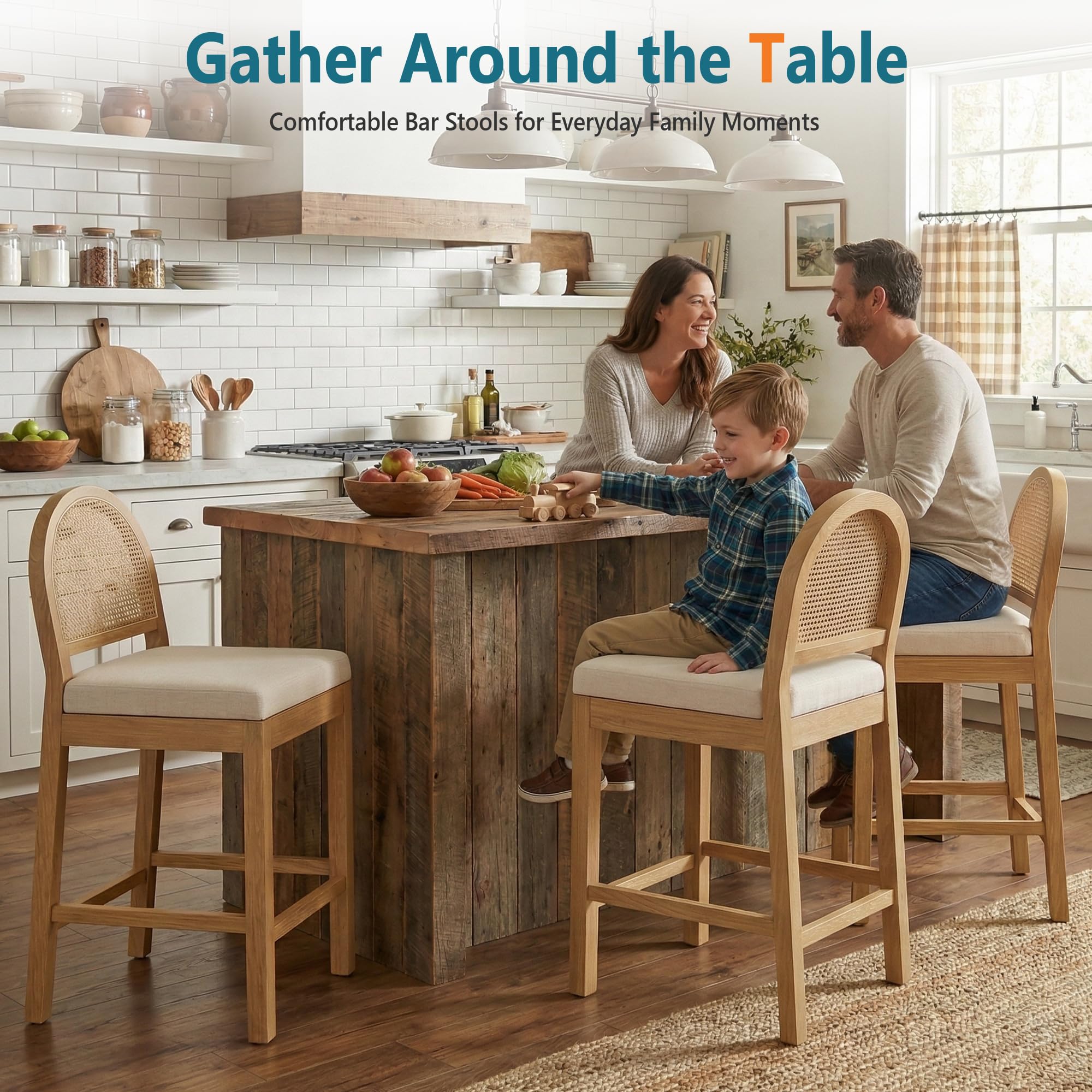Rattan Bar Stools Set of 4 with Chenille Seat