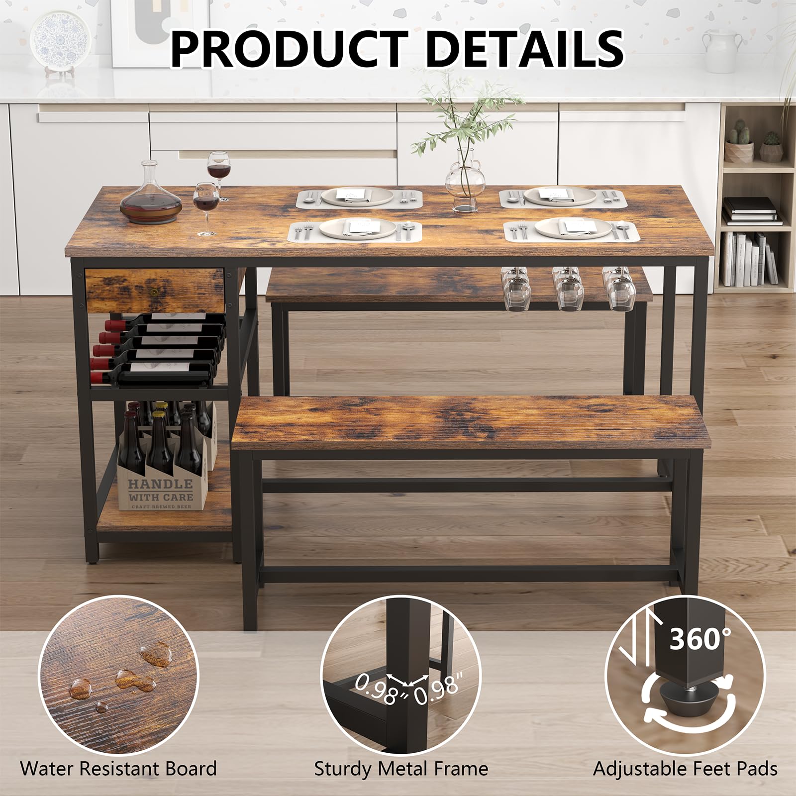Dining Table Set with Storage & Wine Rack, Brown