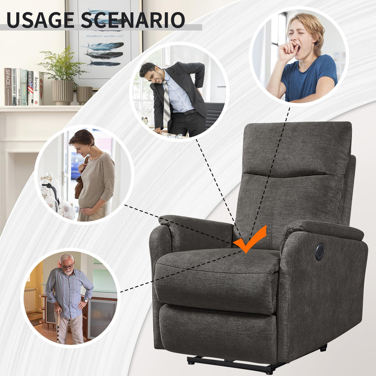 Electric Power Recliner Chair with USB Port, Dark Greyish Brown Fabric Single Sofa for Small Spaces, Ergonomic Lounge Chair with Padded Armrests for Living Room, Bedroom, 30" W x 35.4" D x 39.8" H
