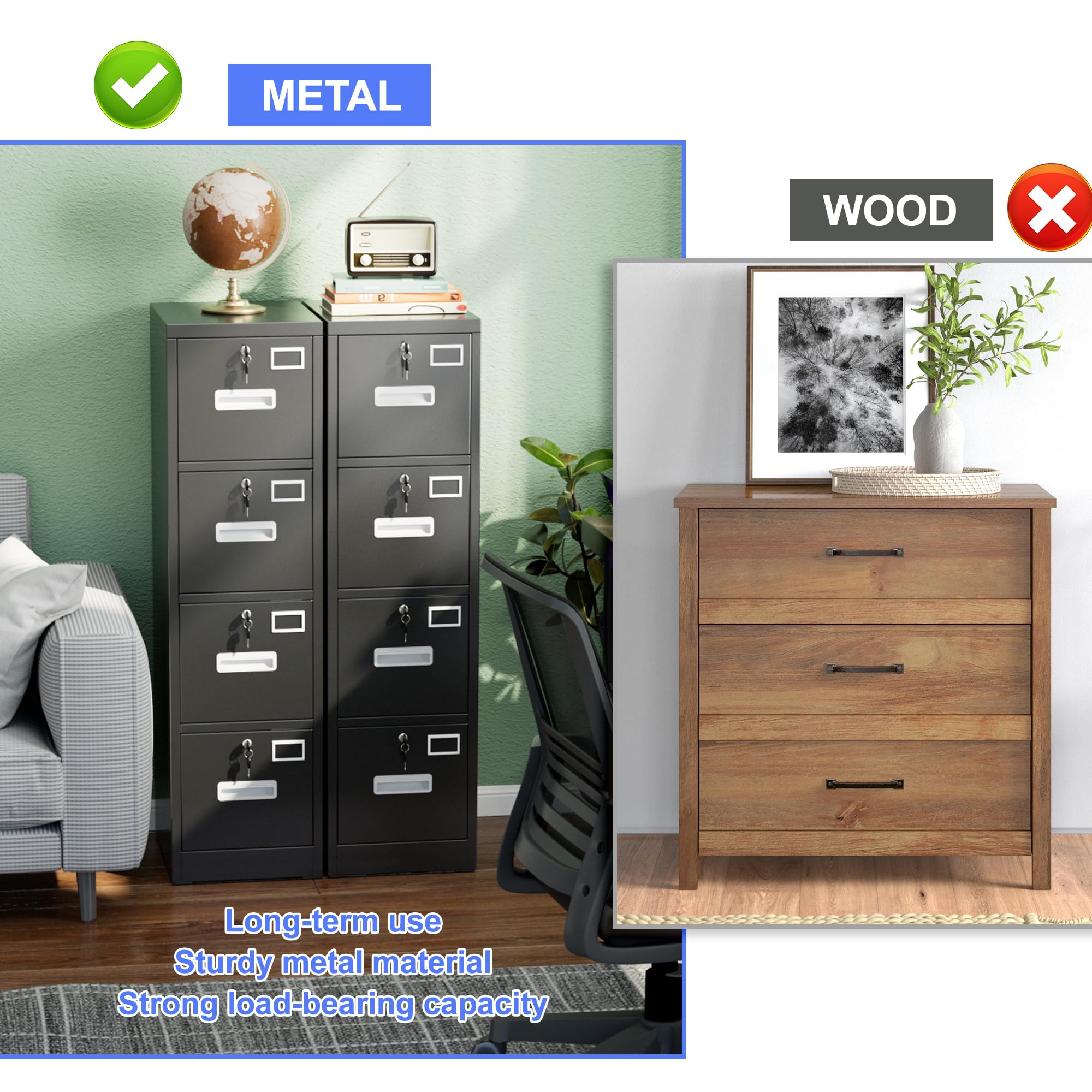 4-Drawer Metal File Cabinet with Lock & Name Card Slots