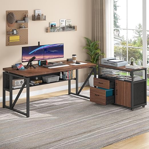 L-Shaped Executive Desk with File Cabinet & Drawers, 63"