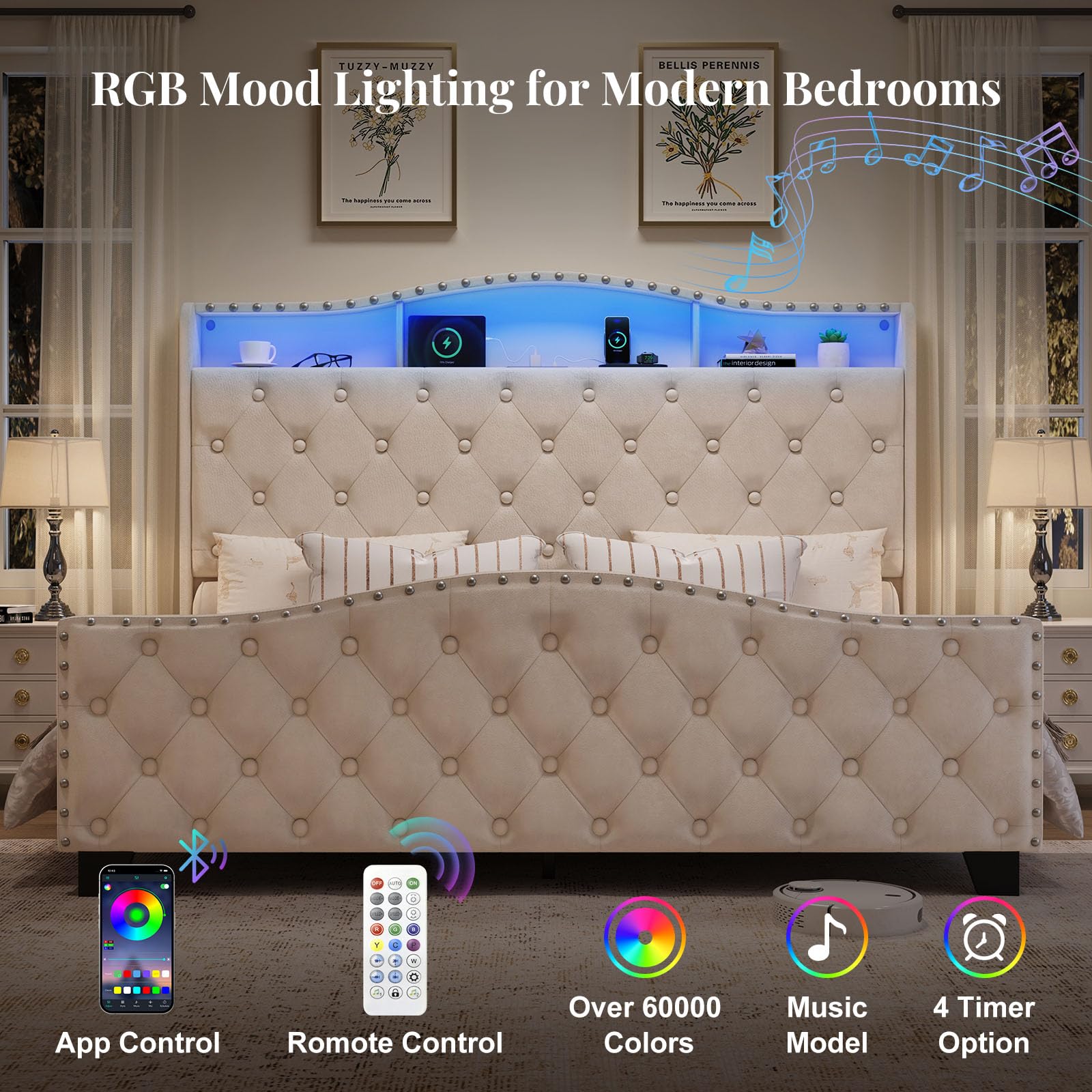 Velvet Wingback Bed Frame with LED Lights & Storage