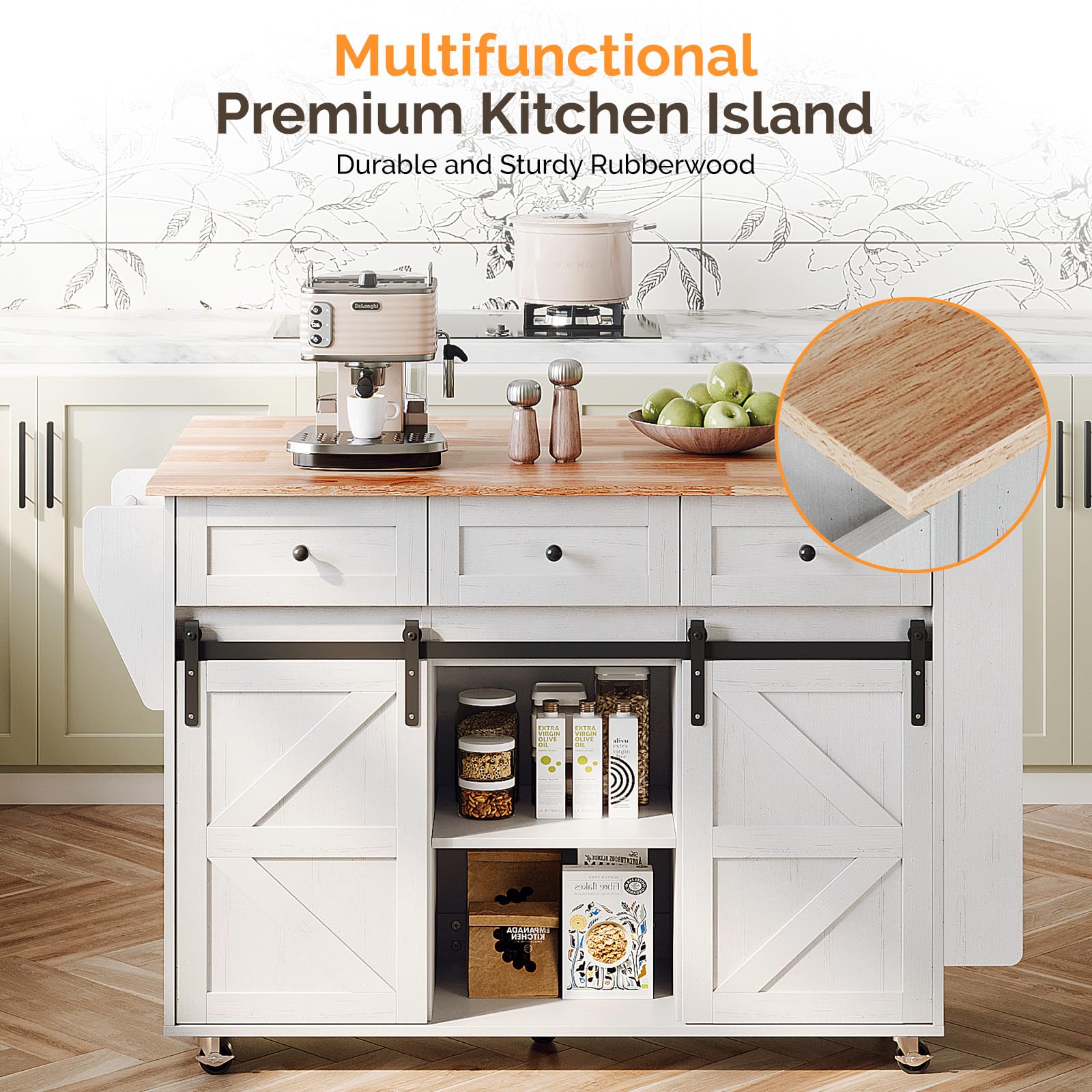 VINGLI Kitchen Island with Storage, 52" Rolling Kitchen Cart with 3 Drawers & Shelves, Drop Leaf Design, Mobile Island with Barn Sliding Doors, Towel & Spice Rack for Kitchen & Dining, White