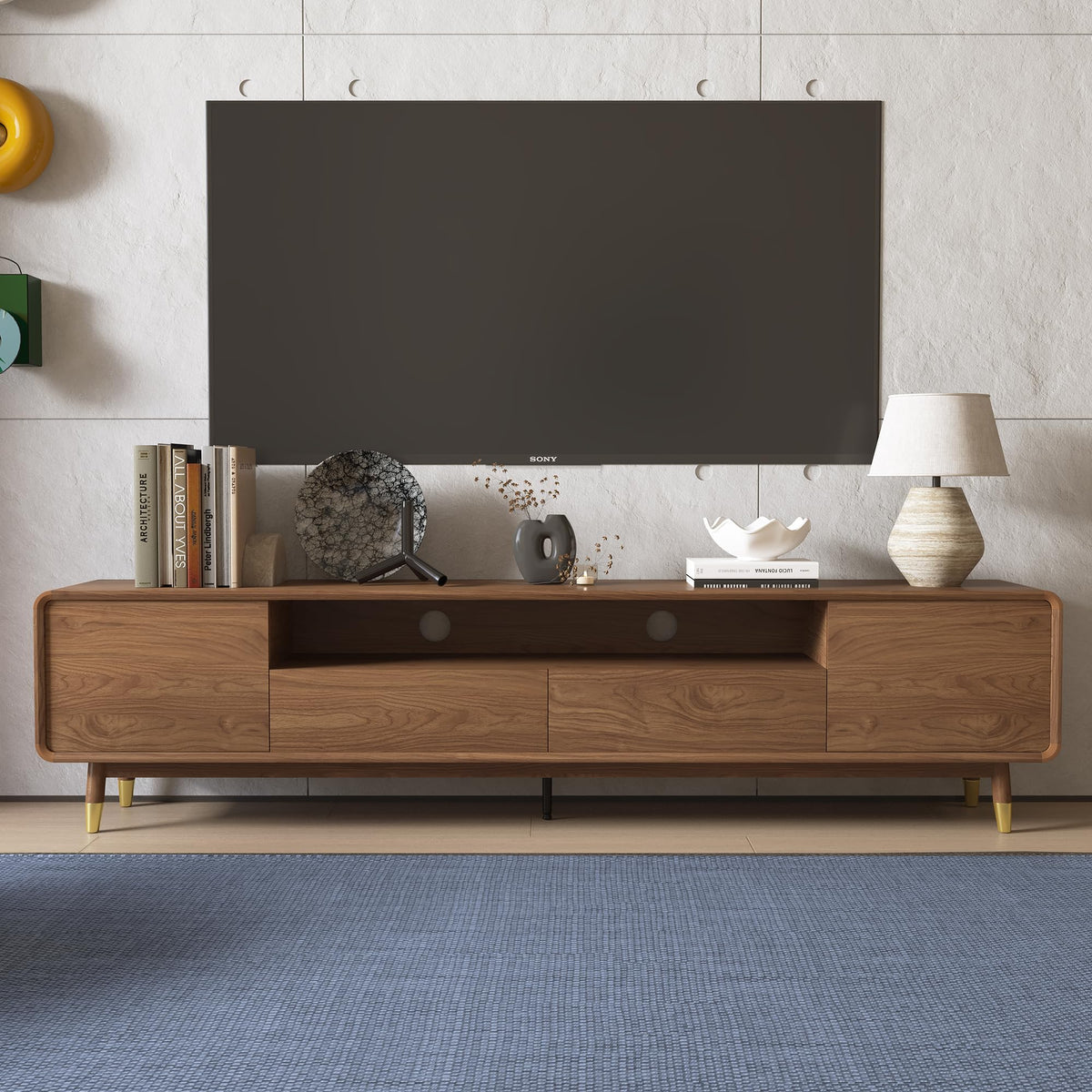 86.61" TV Stand for 85" TV, Media Console with Storage Drawers, Walnut